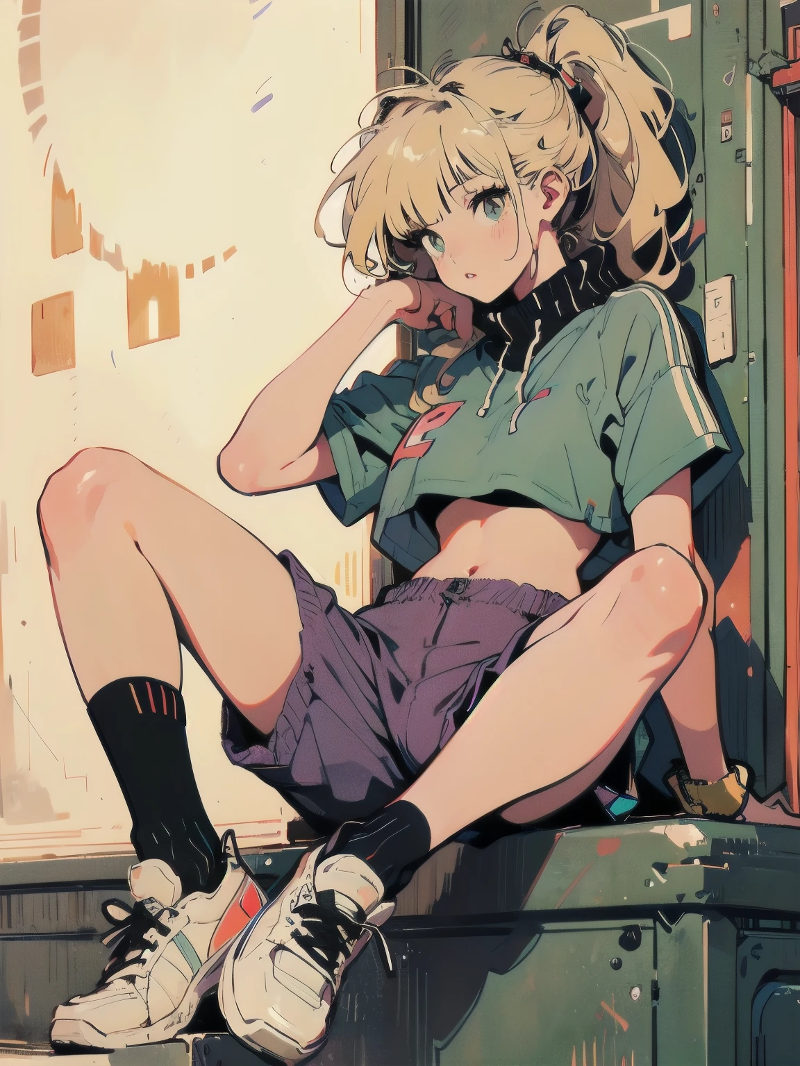 Blonde, ponytail, Blunt bangs, Yellow Eyes, Yellow eyelashes, Beautiful Girls in Anime, Clean small surfaces, ((Emphasis on lips)), 1 cute girl, Adult Gal、highest quality、ウルトラ - High resolution、High resolution、Detailed CG、8k unit wallpaper、23 years old、Beautiful and beautiful eyes, (((Crop top、hot pants、loose socks、Tech Sneakers))))、 ((Portraiture))