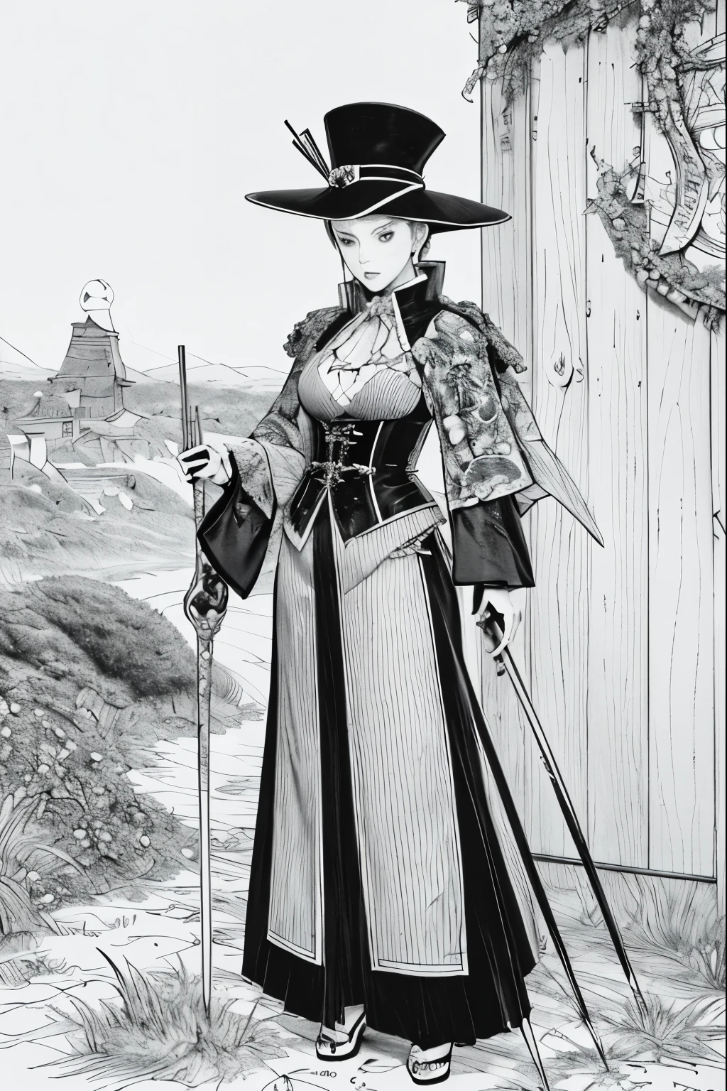 A painting of a costumed woman holding a hat and a walking stick, Manga drawn by Junpei Sato, Pixiv, Gothic art, pencil and Ink Manga, Beautiful line art, Pencil and ink cartoon, Shirow Masamuneスタイル, Shirow Masamune, Ink Manga, Very detailed fan art, Complex manga drawing