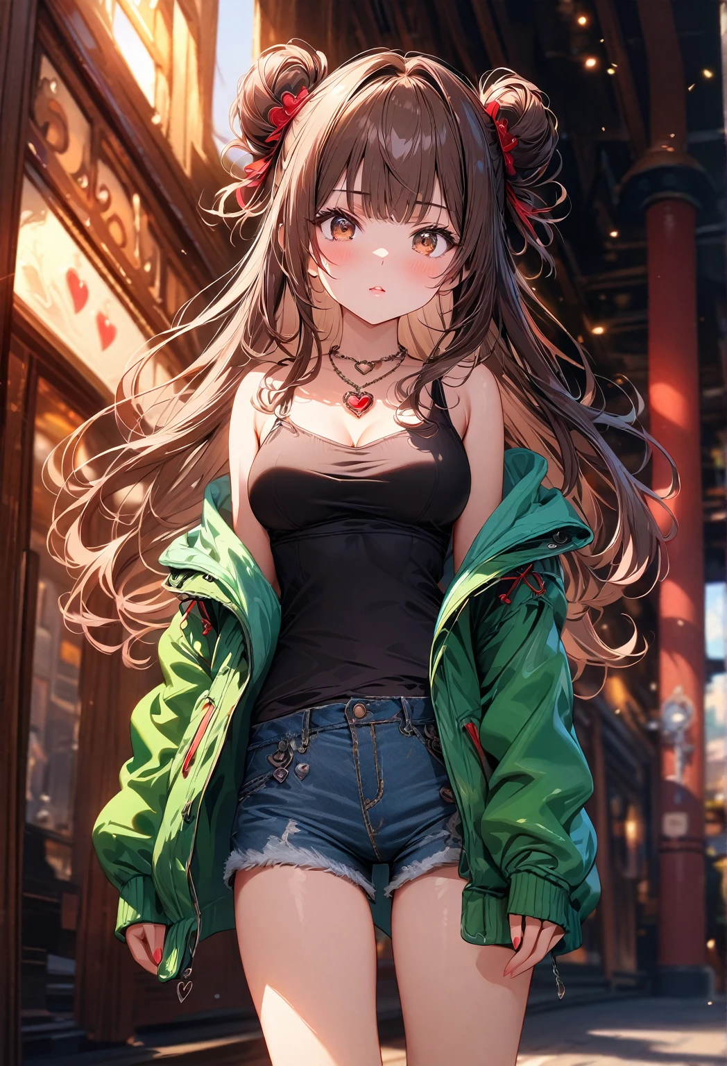 (best quality, top details, high quality, detailed, highest quality, 4k, 8k resolution, highres, ultra fine painting, masterpiece:1.2), cinematic, digital art, 8k CG wallpaper, detailed background, absurd, epic lighting, RAW photo, POV shot, professional photography, good lighting, soft light, soft colors, looking at viewer, detailed lights and shadows, niji style, stylish, ultra, ultra-detailed, trending art, master crafted, blurry background, pose, (top quality, details), solo, 1 girl, A nervous girl, (medium breasts:1.2), tight bust, flushtered, nice hips, nice body, casual, innocent teen, (cute, slim, nervous face), brown hair, long flowing hair, twin buns hairstyle, long bangs, (long hair), middle hair bangs, brown eyes, full body, ((black string tanktop:1.2), off shoulder green open hoodie, shorts, big red gem heart necklace)
