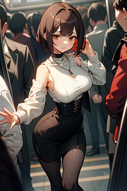 Brown short bob、Sleeveless white sweater、wearing a black jacket、Flared sleeves、Tight Skirt、Black Stockings、necklace、crowded train、Disheveled clothes、Your cheeks are red、Large Breasts、Curved waist、slender、Beautiful clavicle