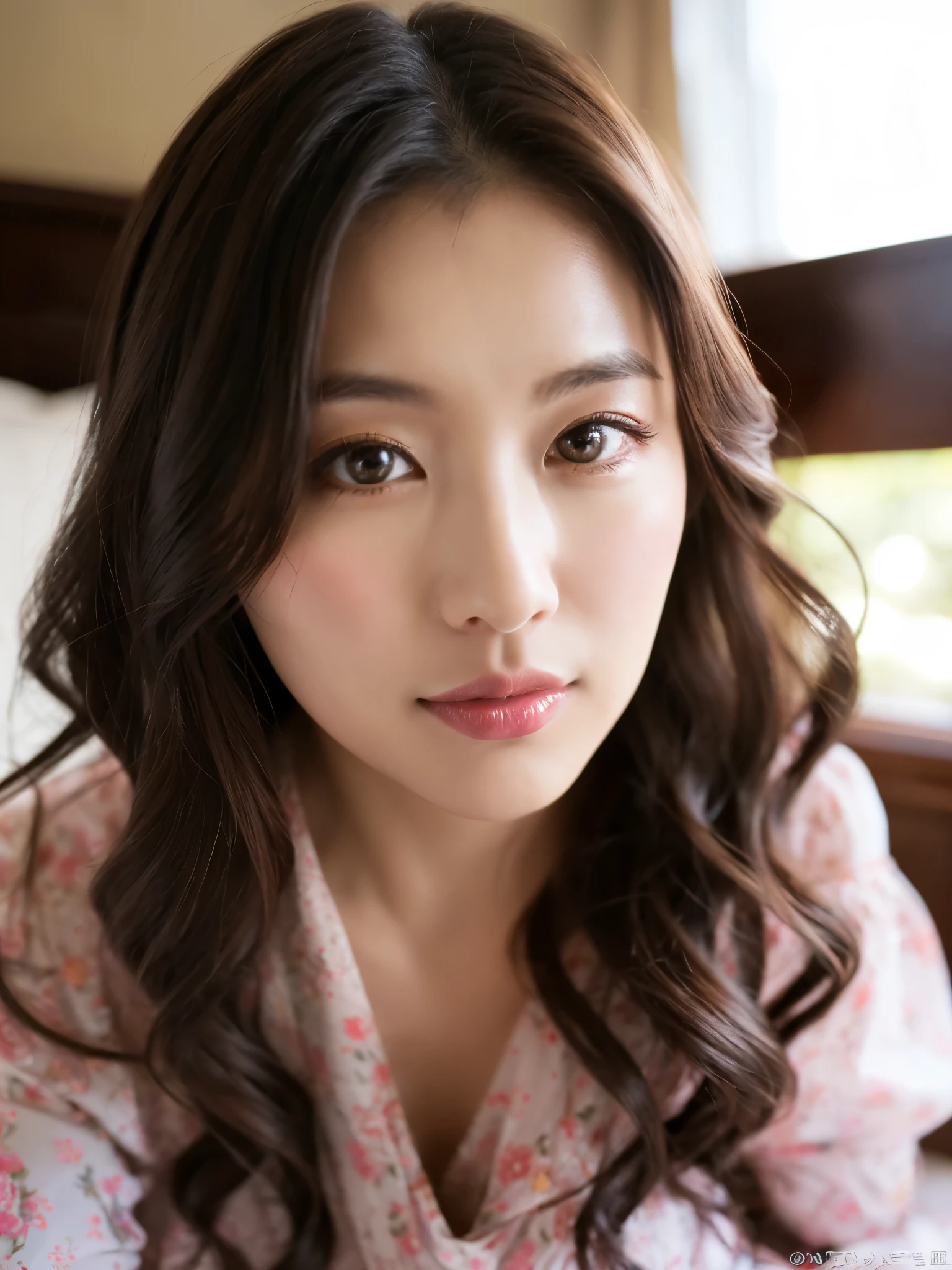 (((masterpiece))), (((最high quality: 1.4))), ((Very detailed: 1.4)) , ((Genuine:1.4)), Mature realistic Japanese woman、29-year-old、So cute、Soft Skin、Perfect Face、Gorgeous long wavy brown hair、(8K resolution、Surreal、Ultra-detailed、high quality)、Pink floral long sheer skirt、The perfect female elite,Sexy beauty、mosquito net, romantic bedroom, Side suspension,Solobound, ((Random Romantic Pose)),