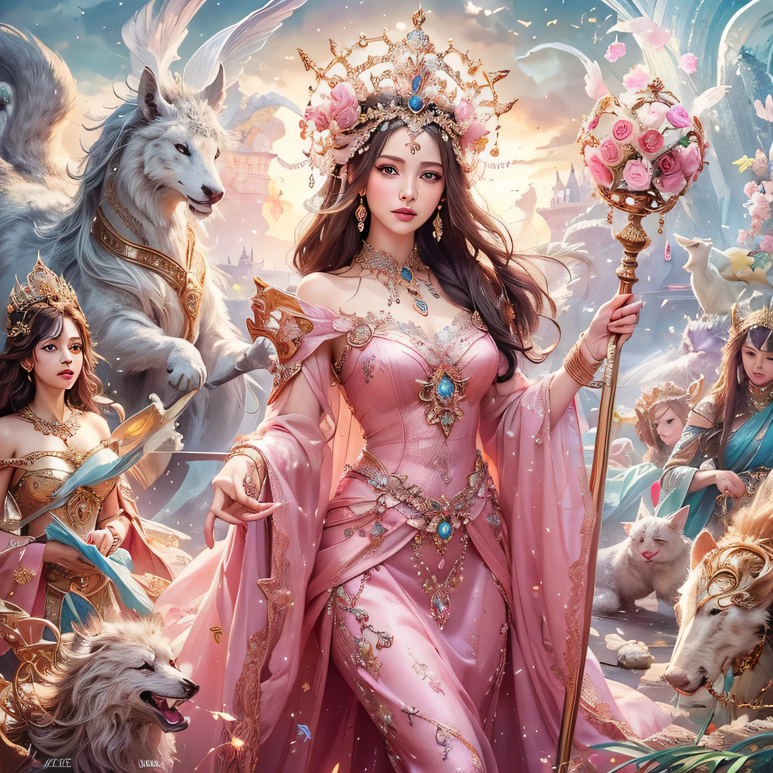 Woman in a pink dress holding a walking stick surrounded by animals, Beautiful Fantasy Empress, ((Beautiful Fantasy Empress)), goddess. Extremely high detail, earth goddess mythology, gorgeous goddess of leo, Beautiful fantasy art, very Beautiful fantasy art, goddess art, goddess of love and peace, Beautiful Animals Queen of Pearls, beautiful goddess, celestial goddess, Amazing fantasy art, masterpiece, highest quality:1.2),,(8k,High resolution,RAW Photos,Realistic,photo-Realistic:1.3),(Detailed skin texture,Detailed cloth texture,Beautifully detailed face:1.25),Professional Lighting,Photon Mapping,Beautiful soft light,Radio City,Physically Based Rendering,Ray Tracing, Model shooting style, Model shooting style, (Highly detailed CG Unity 8k wallpaper), Full body photos of the most beautiful works of art in the world