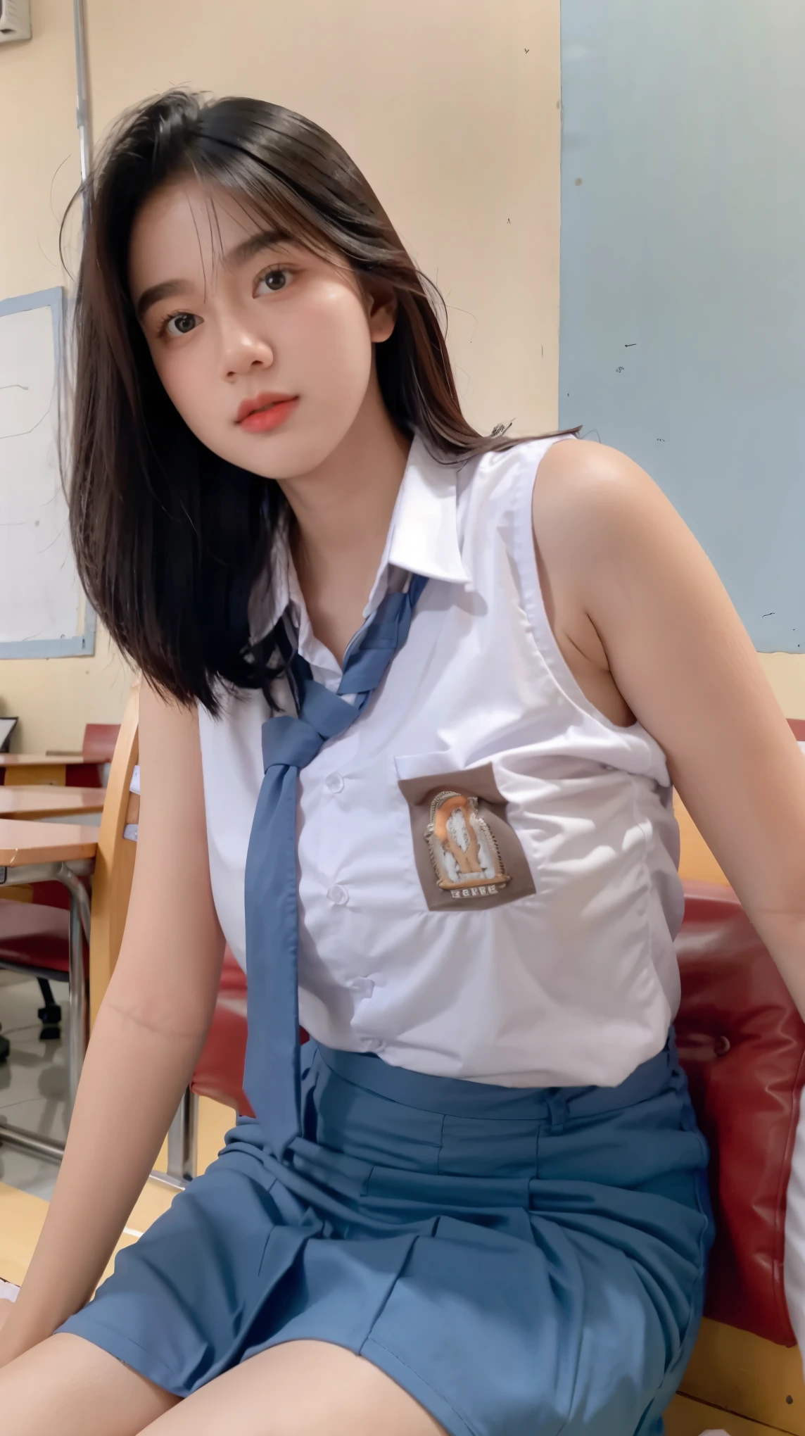 Selfie picture, RAW, Best quality, high resolution, masterpiece: 1.3), Beautiful young indonesian woman with short wavy hair, beautiful face, sex pose, stick on vagina, orgasm, showing vagina, open legs showing vagina, porn, creamy vagina, squirting, penis on vagina, on a top, ((senior high school clothes)), orgasm, highres, 4k, HDR, 1girl, realistic, big breasts, short wavy hair, ((whole body)) turning away facial at viewer, closeup, school building background.
