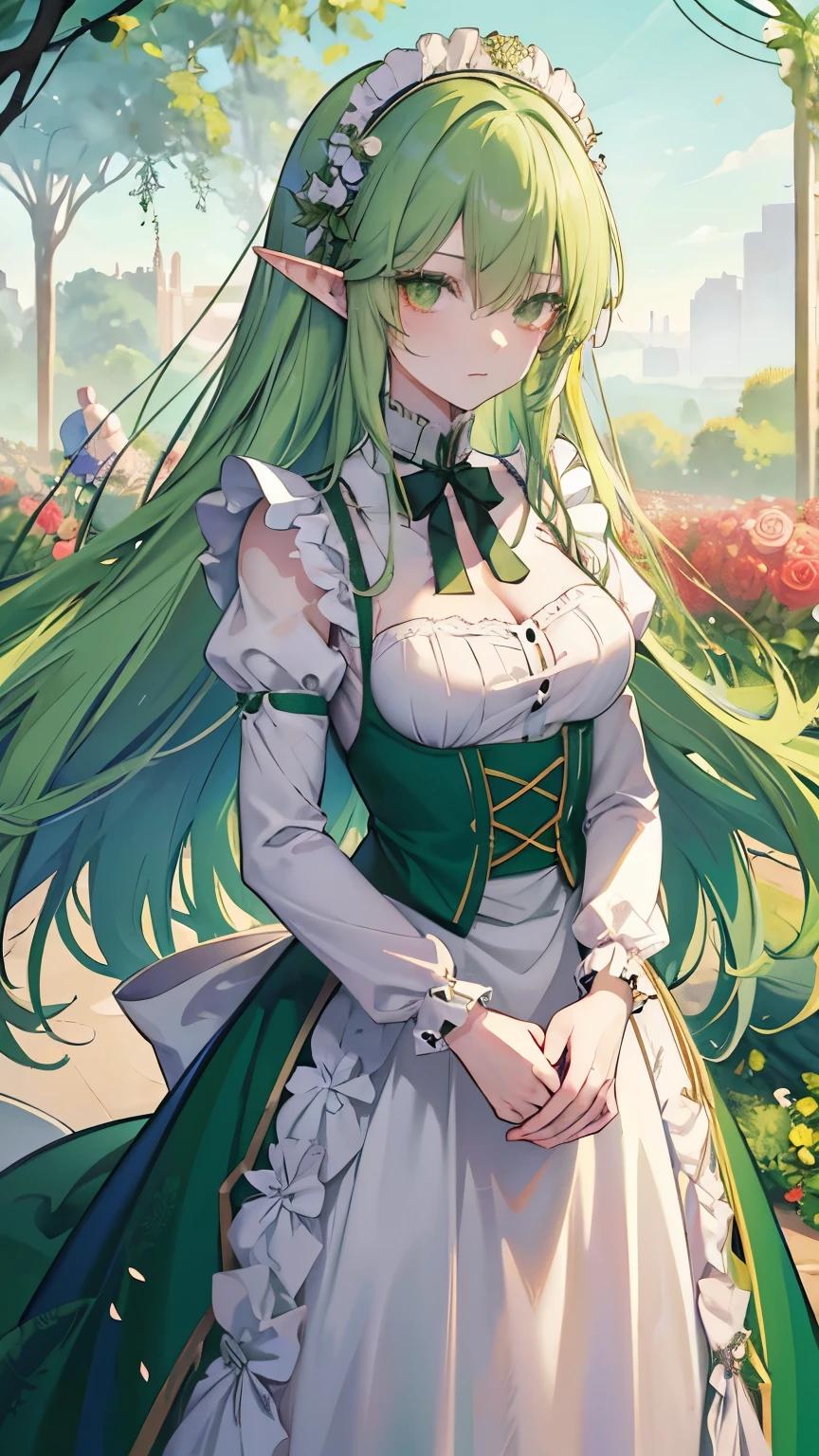 green hair, very long hair, floating hair, big hair, eyeball, green eyes, high detailed eyes, long pointy ears, anime, by Alfons Mucha, blending, masterpiece, accurate, textured skin, best quality, highres, super detail, 8k,elf, mature lady, maid, Maid outfit, frilly apron, (Rose Garden)