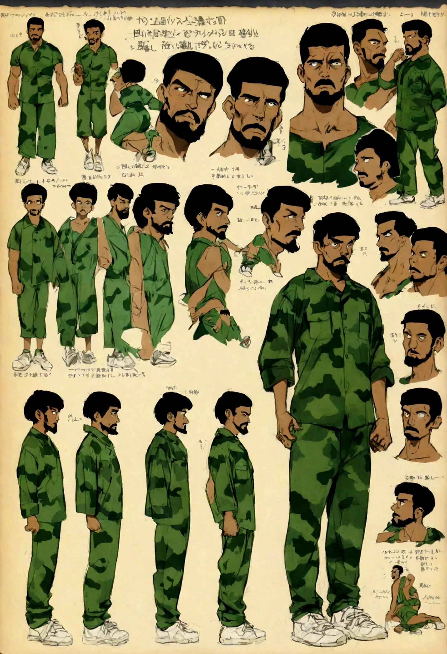 buff black man with black beard wearing white tank top, black and green military pajama, black hair, 6"0 tall, oversize, retro art, character design sheet, sneakers, different pose, different angles, character diagram, character sheet, 360 turn around