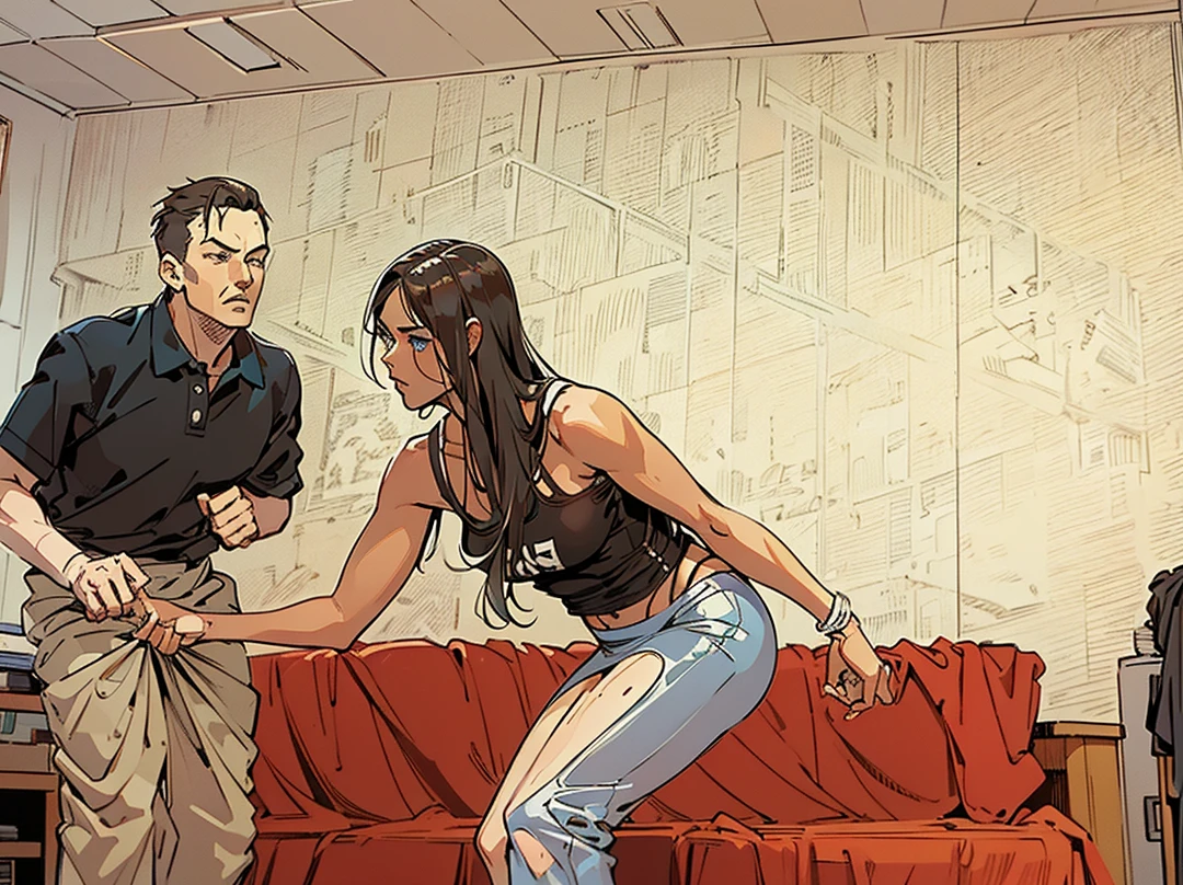 1 man 1 girl Manga comic (sensual brunette girl Straight loose hair, blue eyes wet white t-shirt, black tabled skirt In a sensual pose, she teach self defense knee with a woden dummy) (man with big bulge groin being squeezed) (bigboob big ass) (wet t-shirt) (highly detailed) (concept art) (manga) (anime) (draw) (face anime detailed) (comics)