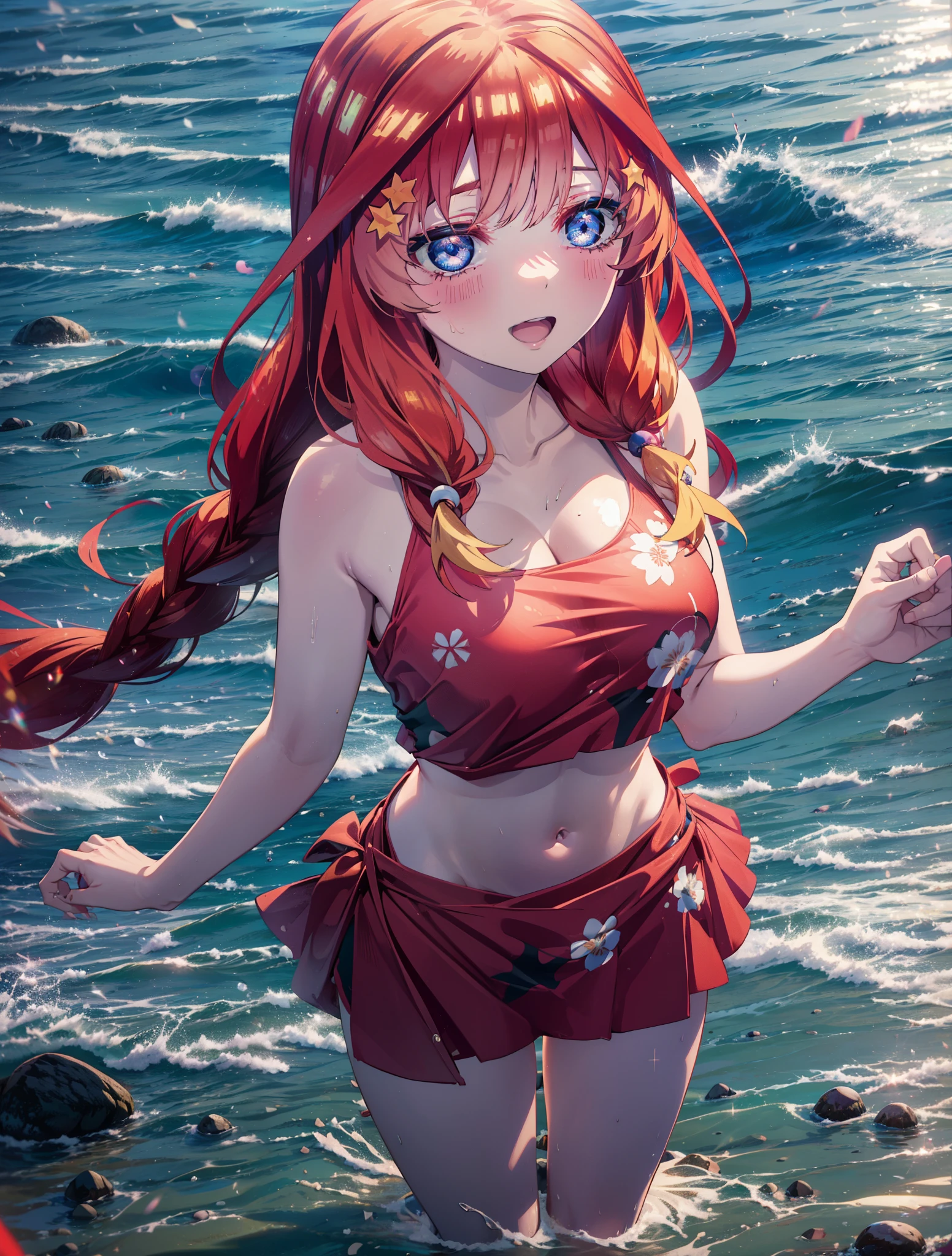 itsukinakano, Itsuki Nakano, bangs, blue eyes, Hair between the eyes, Ahoge, Redhead, star \(symbol\), hair ornaments, star hair ornaments,Big Breasts,Long braids,happy smile, smile, Open your mouth,Belly button,Red Bikini Swimsuit,Bare Belly,A long, light red cloth is wrapped around her waist., barefoot,(Beach salon),  Big Breasts,((salon)), Beach outfit,Real Summer,Palm tree,whole bodyがイラストに入るように,Looking down from above,
break outdoors, Beach,
break looking at viewer, whole body,
break (masterpiece:1.2), highest quality, High resolution, unity 8k wallpaper, (shape:0.8), (Beautiful and beautiful eyes:1.6), Highly detailed face, Perfect lighting, Highly detailed CG, (Perfect hands, Perfect Anatomy),