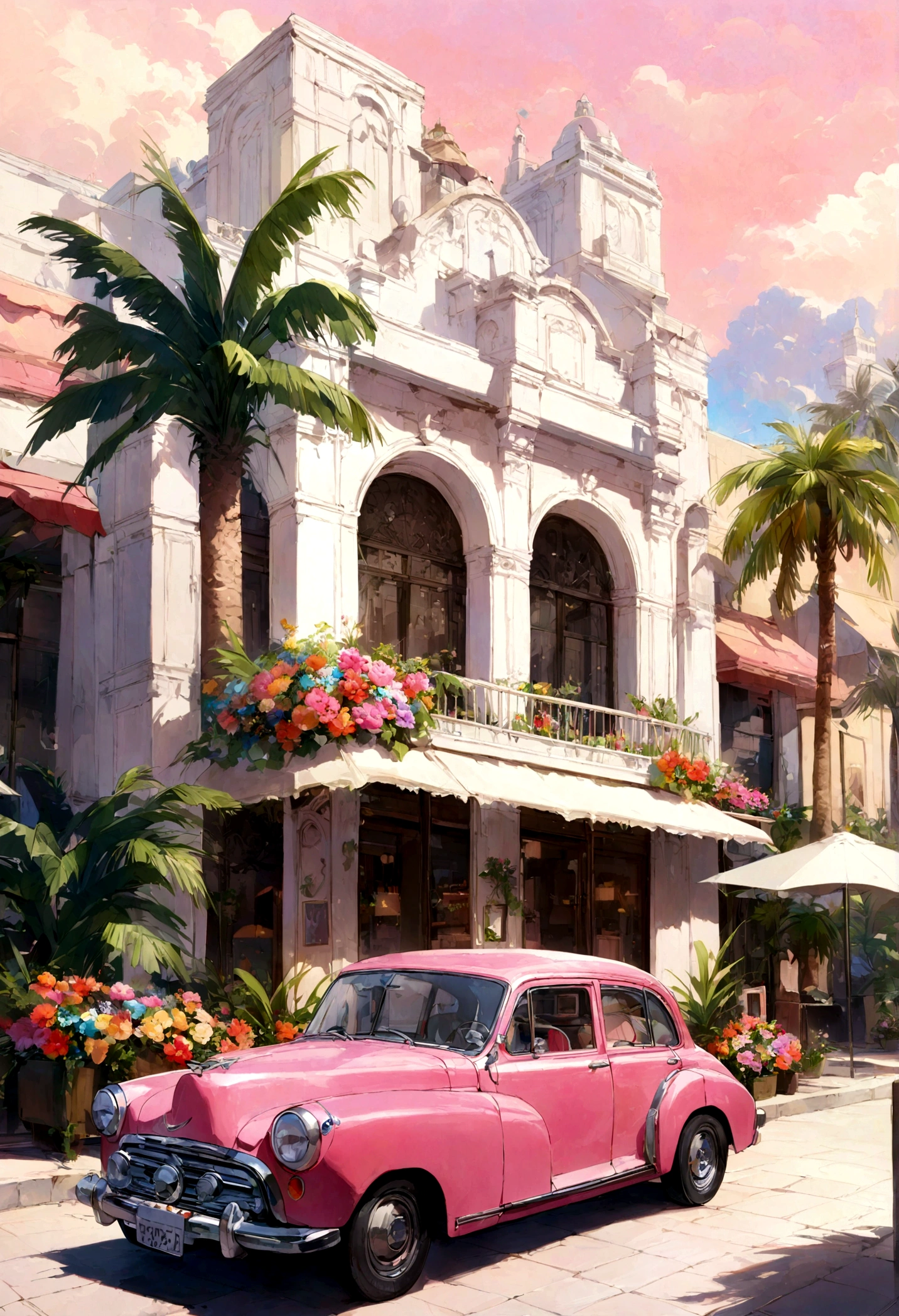 Desert Oasis、Classic pink car parked in front of a modern building。Palm trees and colorful flowers々Surrounded by。