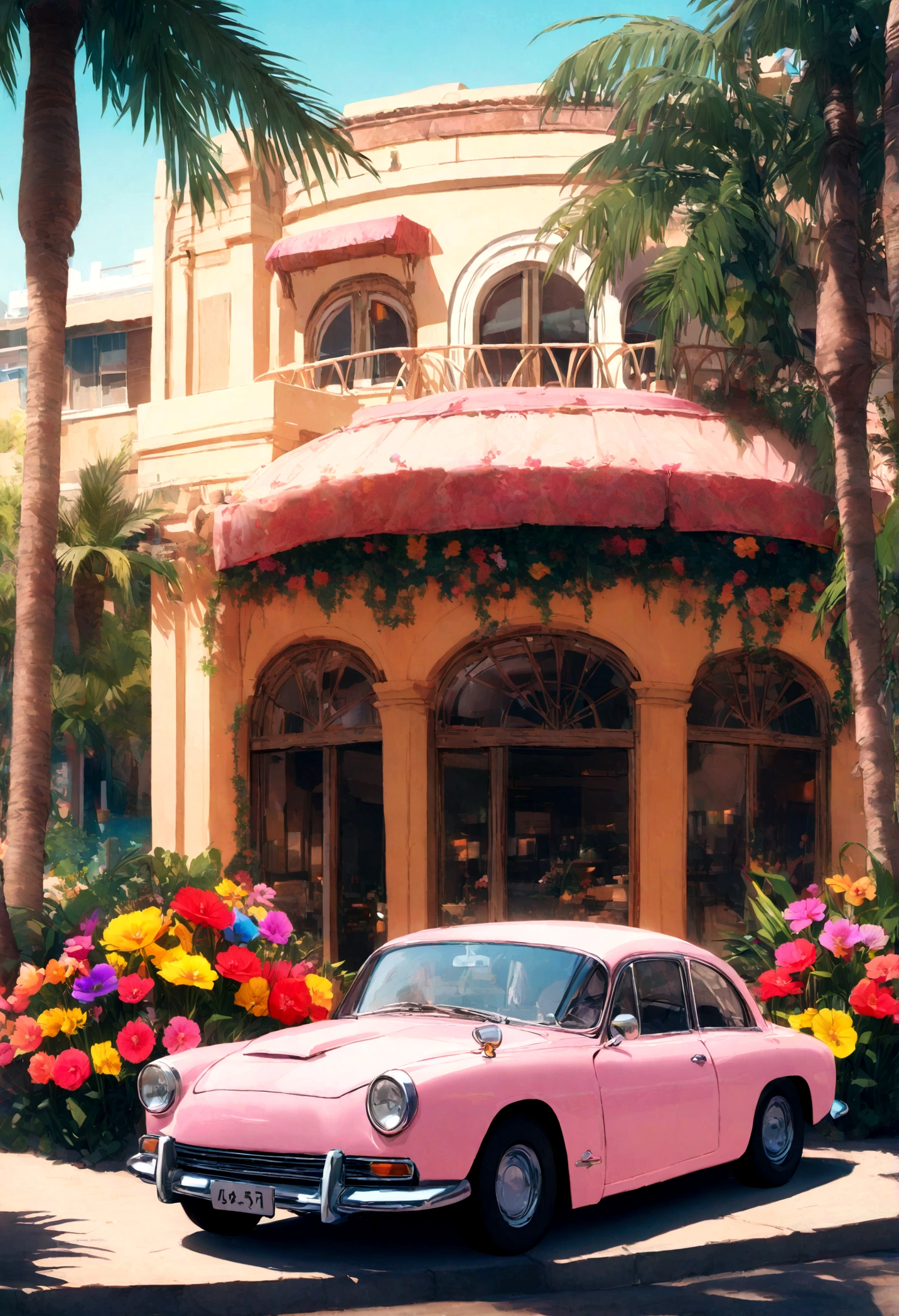 Desert Oasis、Classic pink car parked in front of a modern building。Palm trees and colorful flowers々Surrounded by。
