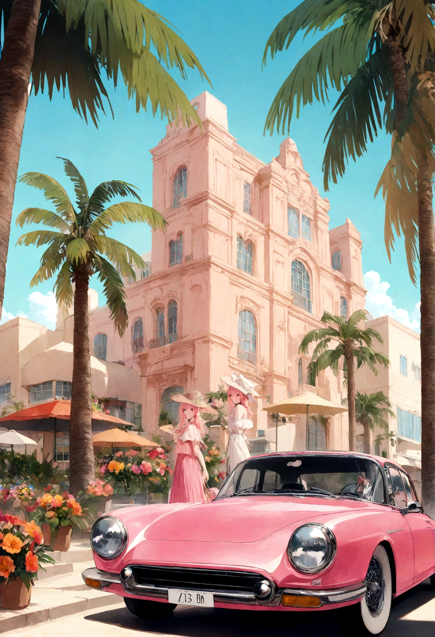 Desert Oasis、Classic pink car parked in front of a modern building。Palm trees and colorful flowers々Surrounded by。