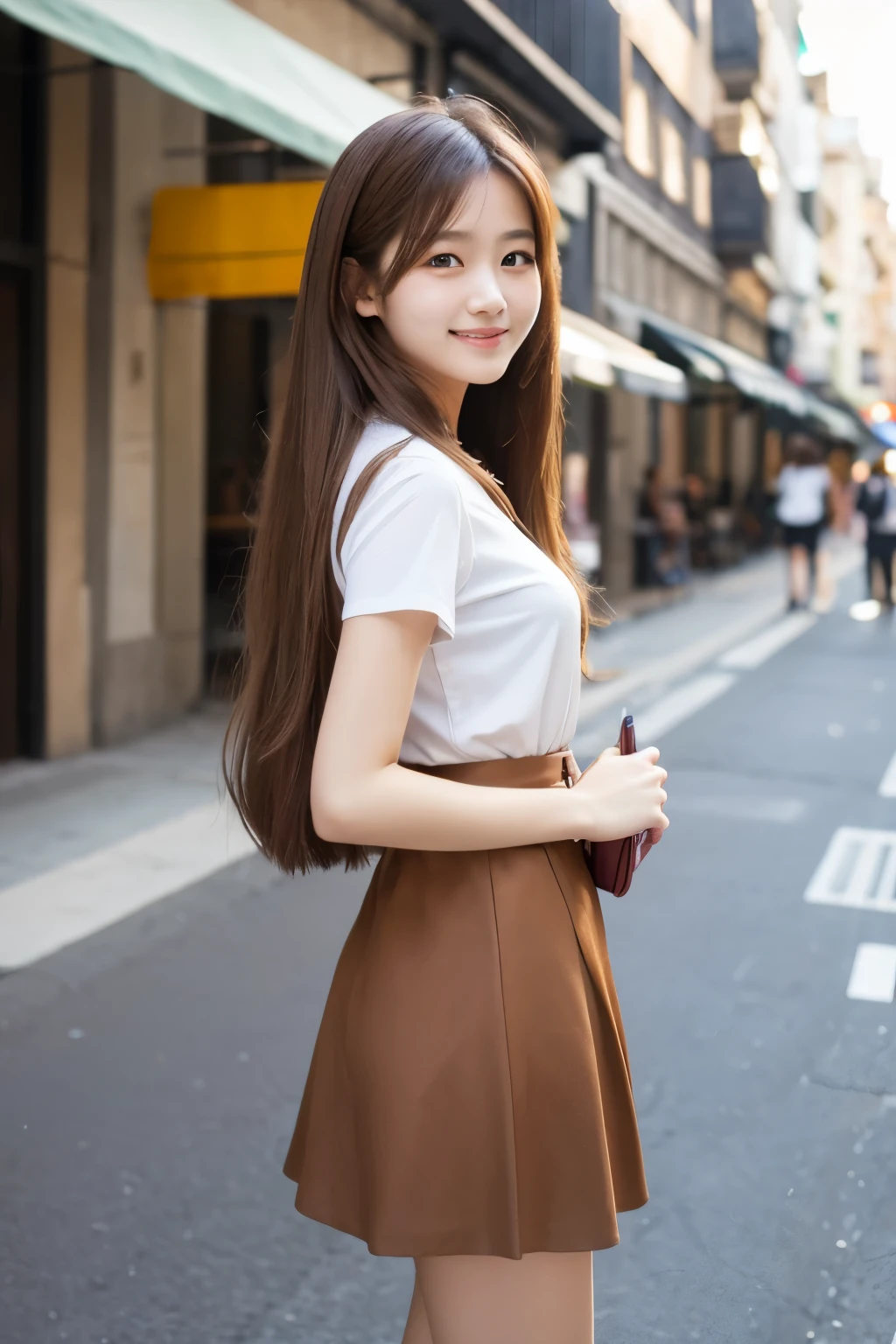 Top quality, 1 beautiful woman, long Hair, brown hair, wearing Camisole & skirt, shy-smile, Sunlight, at street