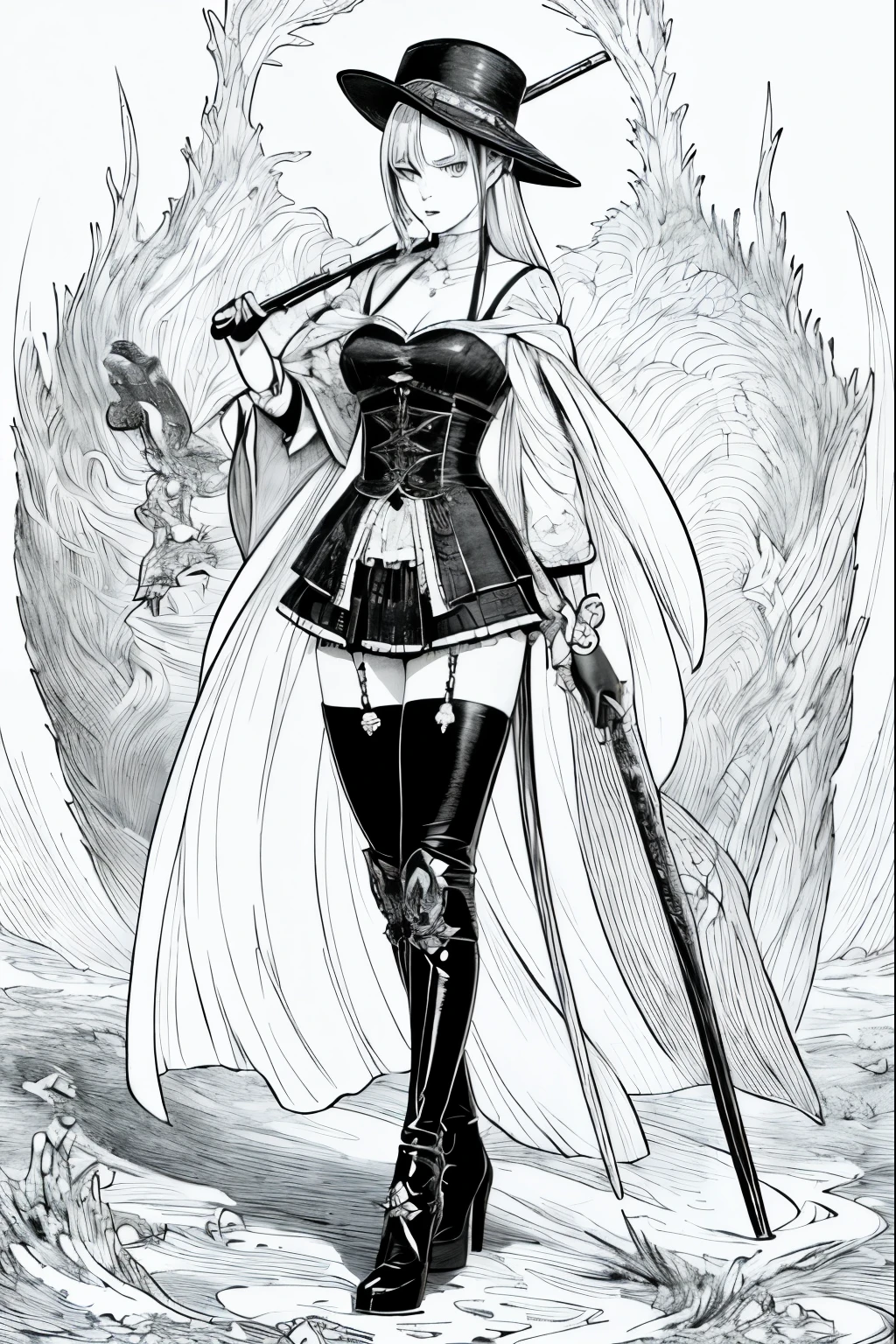 A painting of a costumed woman holding a hat and a walking stick, Manga drawn by Junpei Sato, Pixiv, Gothic art, pencil and Ink Manga, Beautiful line art, Pencil and ink cartoon, Shirow Masamuneスタイル, Shirow Masamune, Ink Manga, Very detailed fan art, Complex manga drawing
