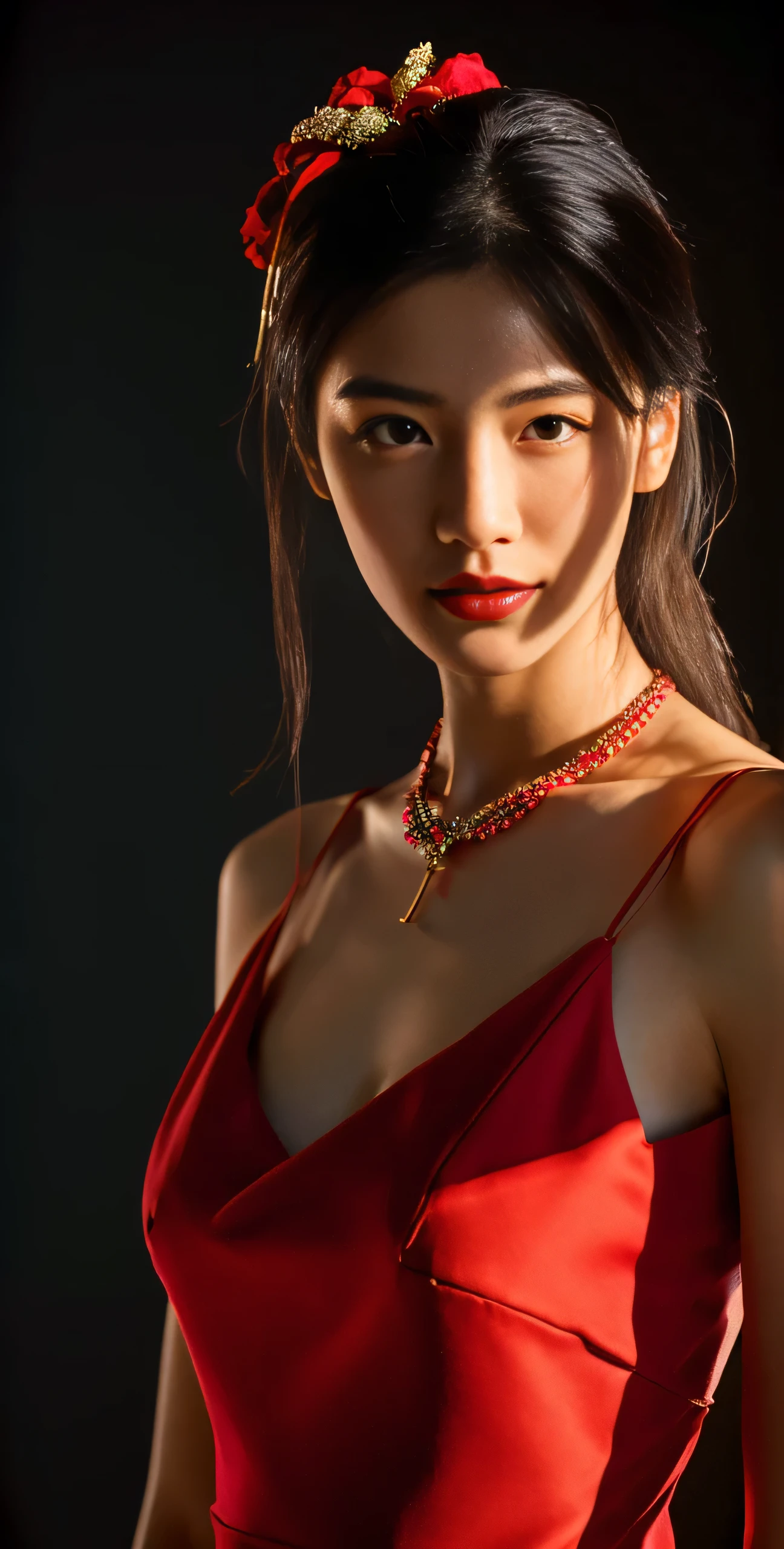 best quality, masterpiece, highres, 1girl, china hanfu,chinese architect background, red scarf, hair ornament,necklace, jewelry,Beautiful face,upon_body, tyndall effect,photorealistic, dark studio, rim lighting, two tone lighting,(high detailed skin:1.2), 8k uhd, dslr, soft lighting, high quality, volumetric lighting, candid, Photograph, high resolution, 4k, 8k, Bokeh,red dress girl