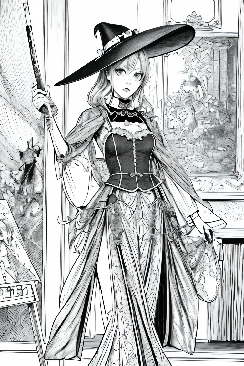 A painting of a costumed woman holding a hat and a walking stick, Manga drawn by Junpei Sato, Pixiv, Gothic art, pencil and Ink Manga, Beautiful line art, Pencil and ink cartoon, Shirow Masamuneスタイル, Shirow Masamune, Ink Manga, Very detailed fan art, Complex manga drawing