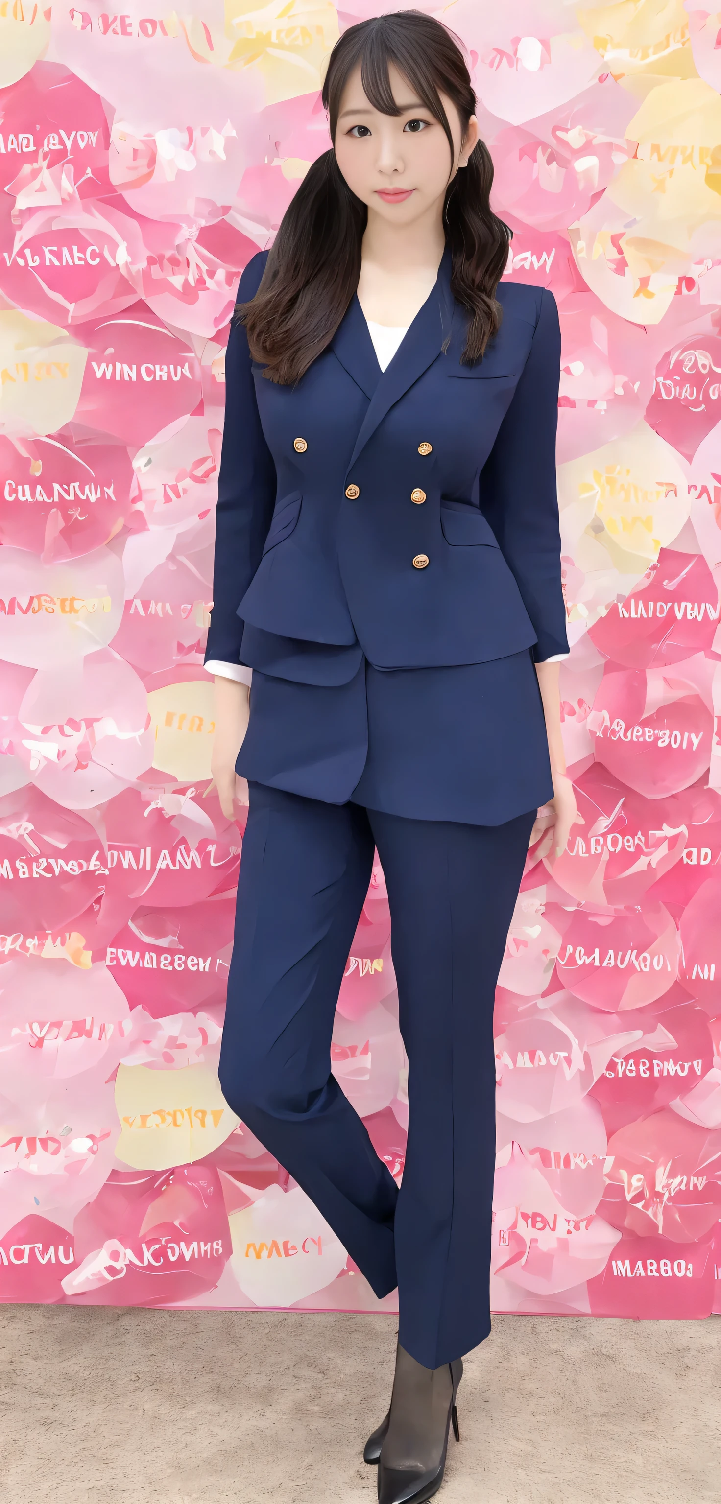 Japanese ID, Mature Woman, ((Chubby round face around 30 years old)), Wavy black hair with no bangs, Long Hair:1.65, Big twin ponytail:1.79, Flashy makeup, Fuller lips, Sexy Gaze, Cute Uniform, ((dressing)), looking at the camera, Low angle shooting, Cute duck lips,((Very accurate and correct anatomy)), (masterpiece:1.3), Perfect balance, Realistic photos, Full Shot, whole body, ((height: 168cm)), High heels, loafers, (2 Foot, Two Arms), ((Panty shot)),Big Breasts:1.95