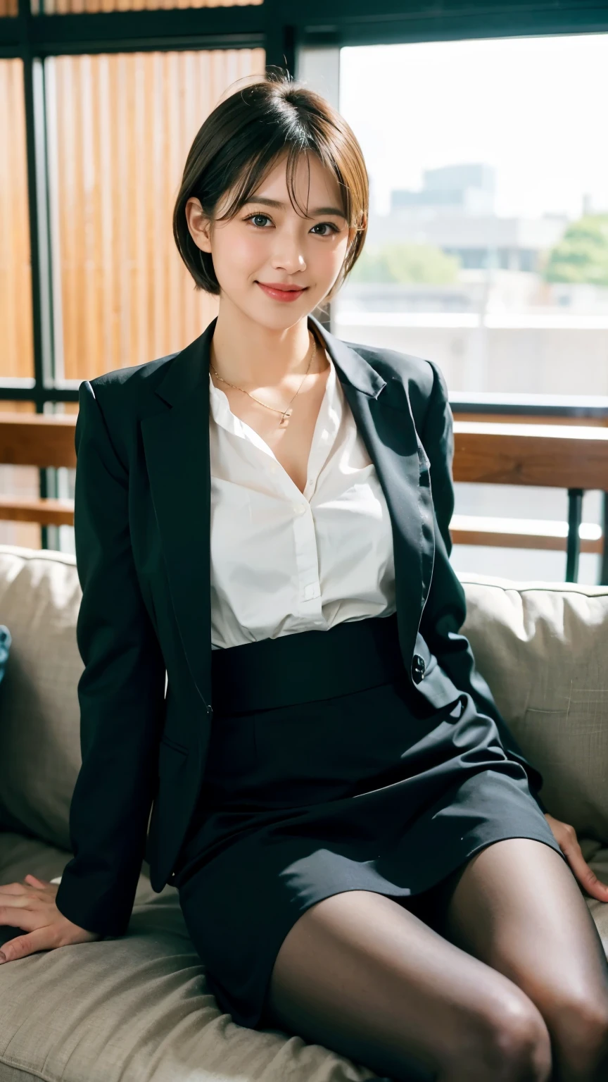 (RAW Photos:1.2), (Realistic:1.4),Beautiful detailed woman,非常にBeautiful Eyesと顔, Beautiful Eyes, Very detailed,High resolution, Very detailed,highest quality,Unified,8k wallpaper,masterpiece,highest quality,1 female,alone,Whole Body Ezbian,(Standard body shape:1.3),(D cup breasts)、(Tight waist)、Thick legs,alone,(Grey business jacket:1.5)、(Black silk frill blouse:1.6)、(White long skirt knee length:1.5),(White Pumps),Jewelry Necklaces、 short hair,A kind smile,A dignified atmosphere,black eye,Realistic,(professor, The University of Tokyo:1.3)、(Stand upright with good posture:1.5) , (Haneda Airport departure terminal:1.3)、I'Teaching.、(33 years old、Japanese)