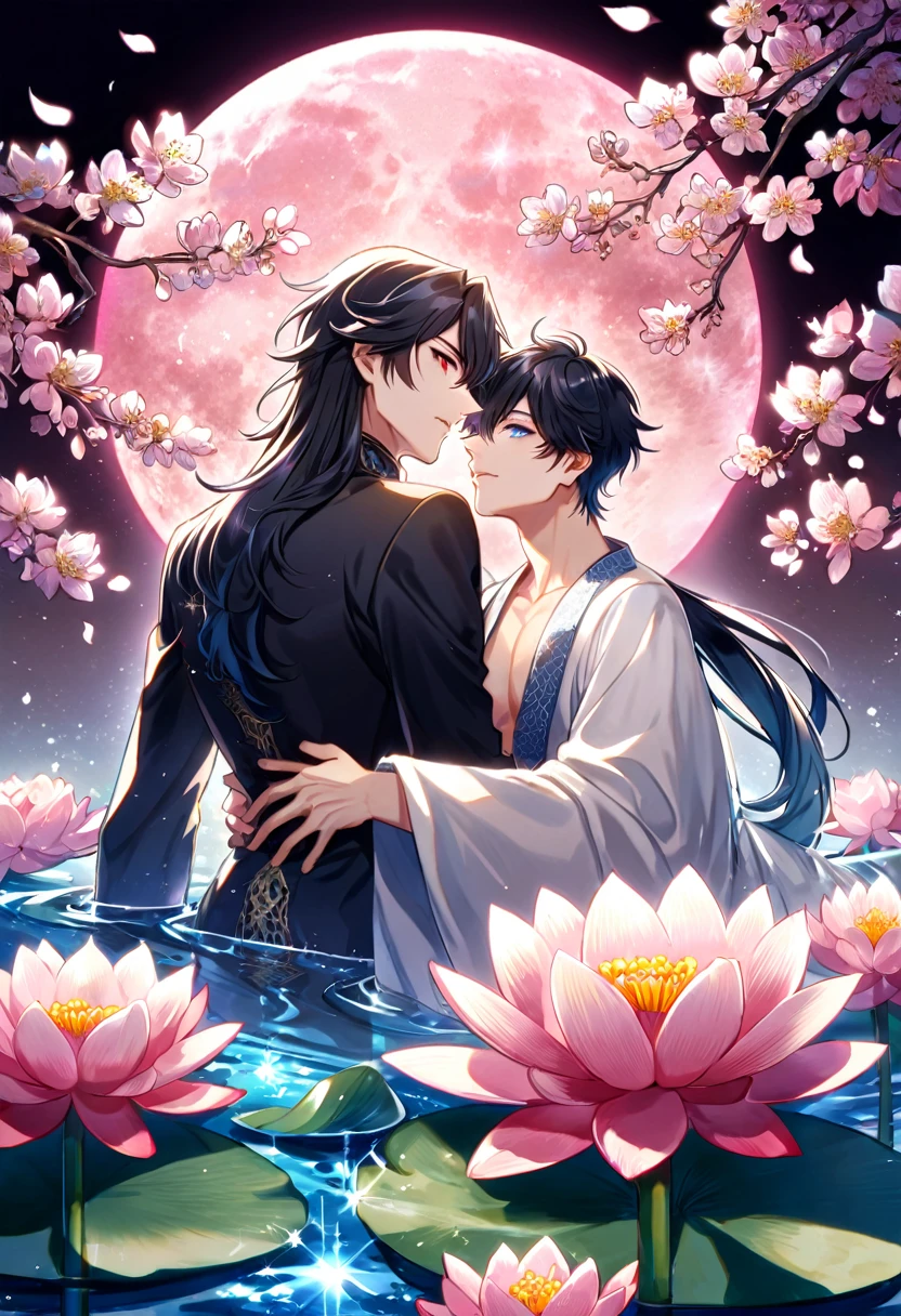 (absurdres, highres, ultra detailed, HDR) master piece, best quality, Ren, black long hair, expressive red eyes, honkai star rail, Dan Heng, black long hair, expressive blue eyes, two sexy men together, gay couple, yaoi, handsome, black clothes, white clothes, patterns, magical fantasy, pink butterflies, glittering, sparkling, pink lotus, water, pink moon, blossoms, radiant