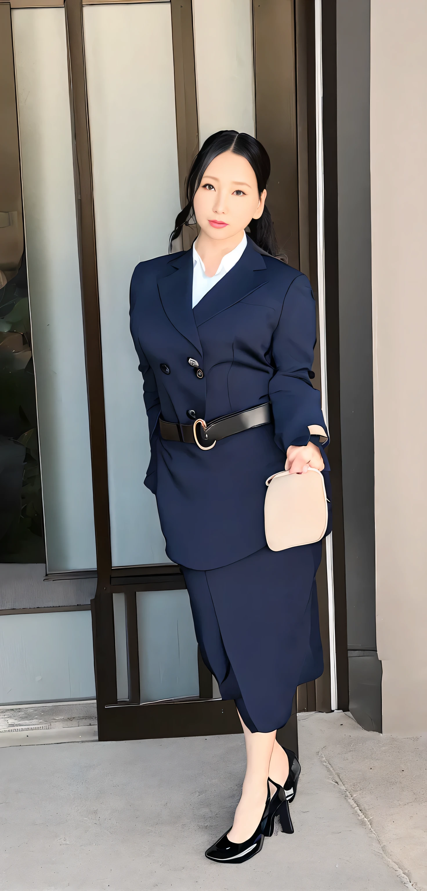 Japanese ID, Mature Woman, ((Chubby round face around 30 years old)), Wavy black hair with no bangs, Long Hair:1.65, Big twin ponytail:1.79, Flashy makeup, Fuller lips, Sexy Gaze, Cute Uniform, ((dressing)), looking at the camera, Low angle shooting, Cute duck lips,((Very accurate and correct anatomy)), (masterpiece:1.3), Perfect balance, Realistic photos, Full Shot, whole body, ((height: 188cm)), High heels, loafers, (2 Foot, Two Arms), ((Panty shot)),Big Breasts:1.85