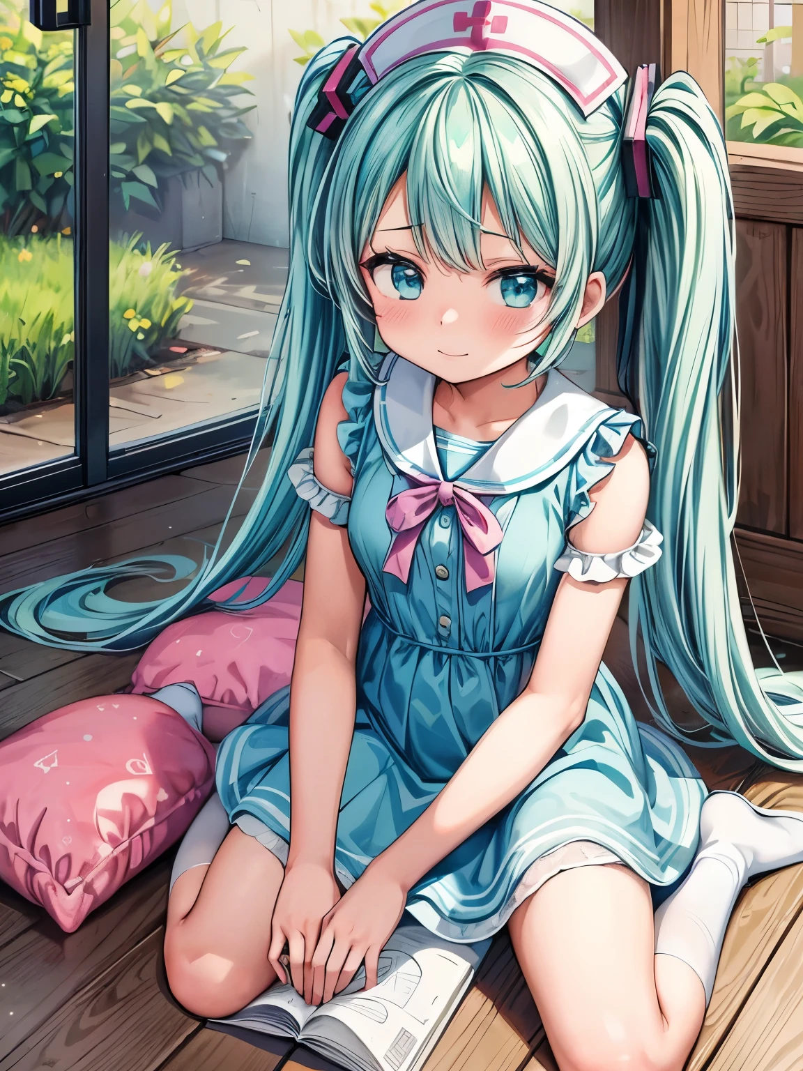 (masterpiece、highest quality、highest quality、Official Art、Beautiful and beautiful:1.2)、(One girl:1.3)Hatsune Miku、Twin tails,Big Breasts,Anime - Style image of a woman in a blue dress sitting on the ground, , Cute anime waifu in a nice dress, (Anime Girls), , Anime Girls, Small curves , かわいいAnime Girls, On pixiv, Pure, かわいいAnime Girls, 美しいAnime Girls, 魅力的なAnime Girls, Nurse girl, 魅惑的なAnime Girls