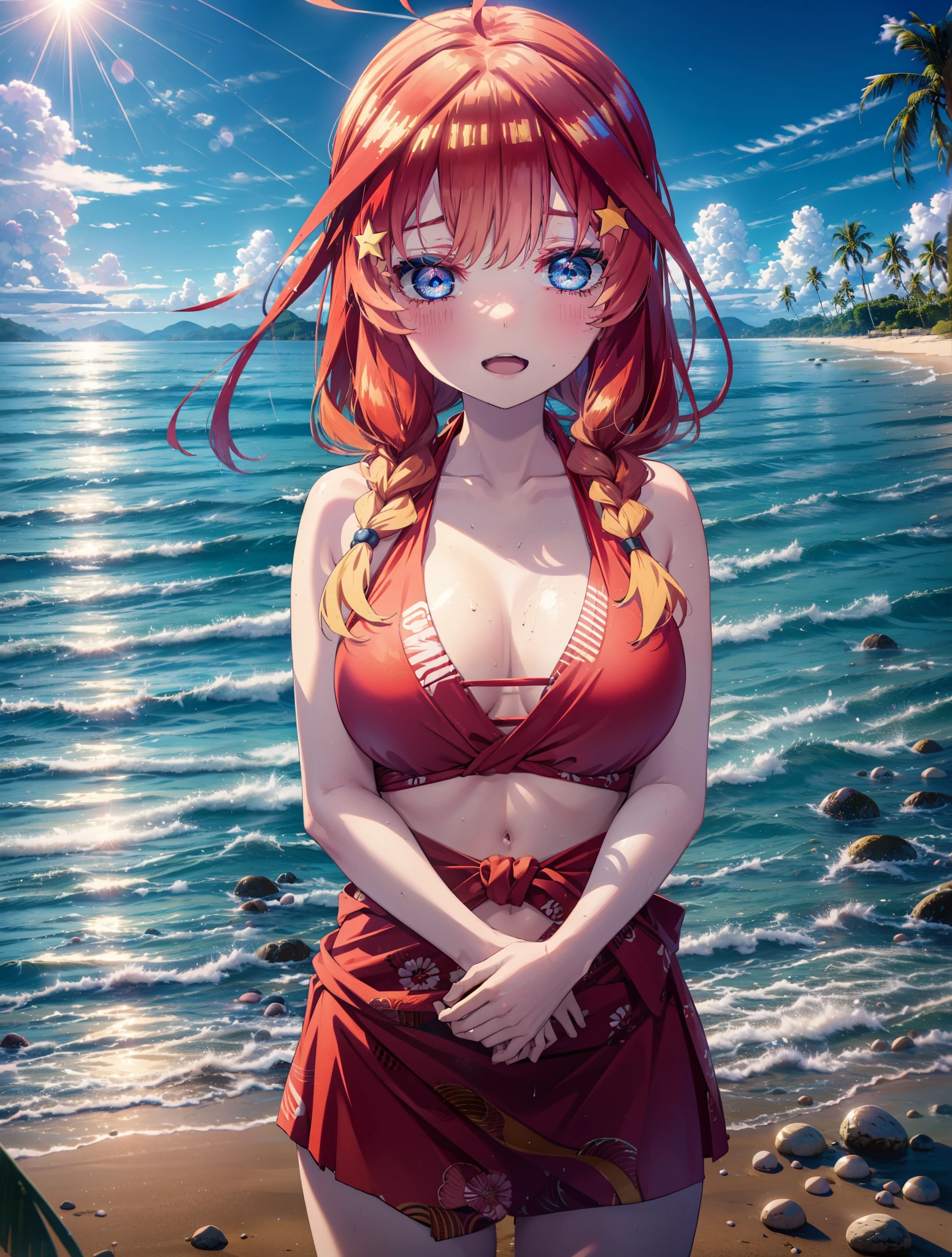 itsukinakano, Itsuki Nakano, bangs, blue eyes, Hair between the eyes, Ahoge, Redhead, star \(symbol\), hair ornaments, star hair ornaments,Big Breasts,Long braids,happy smile, smile, Open your mouth,Belly button,Red Bikini Swimsuit,Bare Belly,A long, light red cloth is wrapped around her waist., barefoot,(Beach salon), Big Breasts,((salon)), Beach outfit,Real Summer,Palm tree,whole bodyがイラストに入るように,Looking down from above,
break outdoors, Beach,
break looking at viewer, whole body,
break (masterpiece:1.2), highest quality, High resolution, unity 8k wallpaper, (shape:0.8), (Beautiful and beautiful eyes:1.6), Highly detailed face, Perfect lighting, Highly detailed CG, (Perfect hands, Perfect Anatomy),