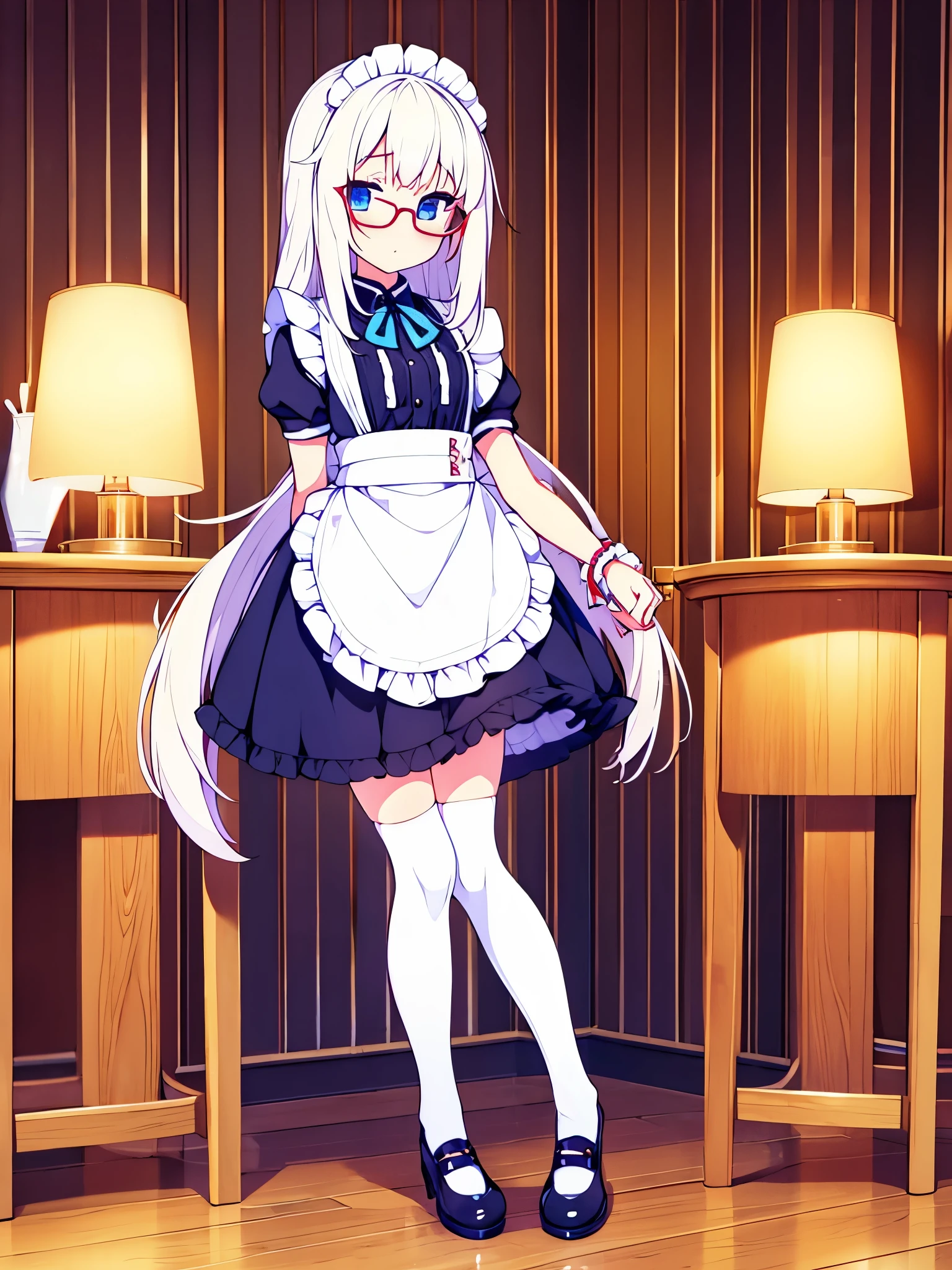 1 chica Neko maid long white hair blue eyes Glasses short skirt long stockings . In room full body prefect anatomy excellent quality 8k great quality of detail
