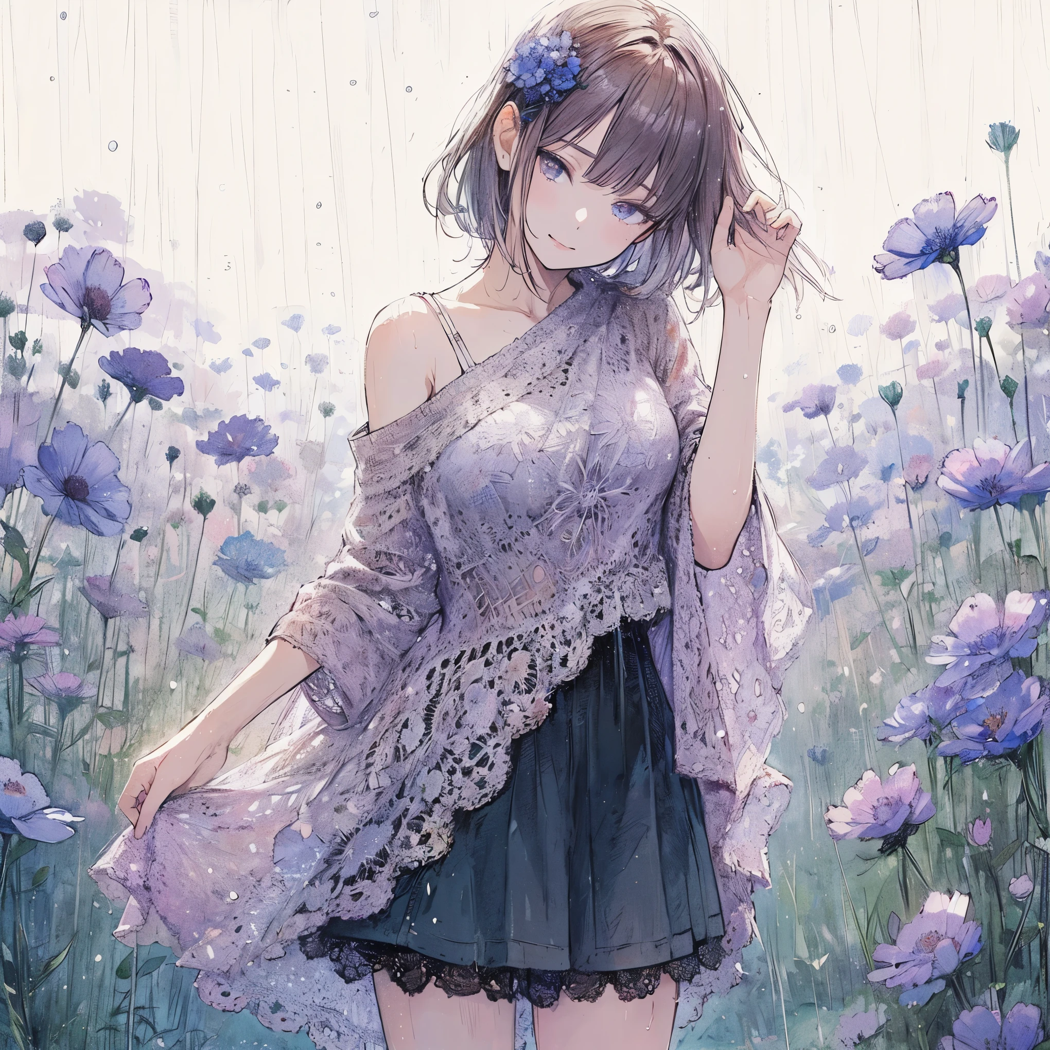 Official art using high-quality hand-drawn watercolor sketch techniques. (best quality,4k,8k,highres,masterpiece:1.2),ultra-detailed,beautiful detailed gray eyes,A girl with beautiful eyes, everyone, beautiful anime girl, cute anime girl, smooth anime art, anime style, elegant colors, soft lighting, delicate beautiful wet eyes, very coquettish, (beautiful large breast:1.2), (correct hands:1.2),
