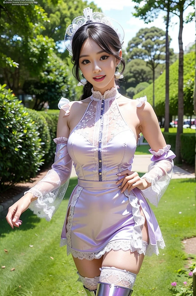 nsfw, sexy stylish Thai model, only 1 female, ((doll-like appearance)), short lilac stylish hair, ((shiny Victorian-Style boots)), (big smile), ultra detailed eyes, vivid eye makeup, lipgloss, long lashes, defined eyebrows, ((sexy Paradise Kiss cosplay)), bell-shaped skirt, petticoats, high neckline, puffed sleeves, ((ultra detailed lace)), ((ultra detailed embroidery)), intricate details, Paradise Kiss accessoires and matching headpiece, choker, ((large sparkling Paradise Kiss jewelry)), cinematic light, detailed large park background with trees