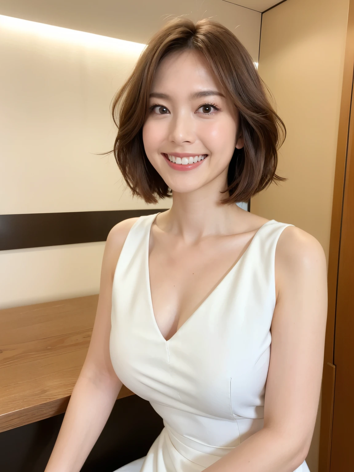 最high quality, In 8K, Masseter region, Vibrant, Sharp focus, high quality, High resolution, Detailed face, fine grain, Thick lips, (Looking at the audience), alone, Beautiful woman, 38 years old, Japanese women, (Short brown hair:1.4)、(Bob Hair:1.4), Cleavage, Lunch break、State-of-the-art corporate headquarters、(近代的なビルのwide大なロビー:1.6)、(Pink patent leather strap dress), (非常にShort brown hair:1.6)(Large windows、High ceilings、wide々And the Universe)、Large reception counter、(sitting behind the counter:1.3)、(Upper body photo:1)、(Japanese women)、(Red lipstick:1)、((smile:1.4))、(standard body type)、(D cup breasts)