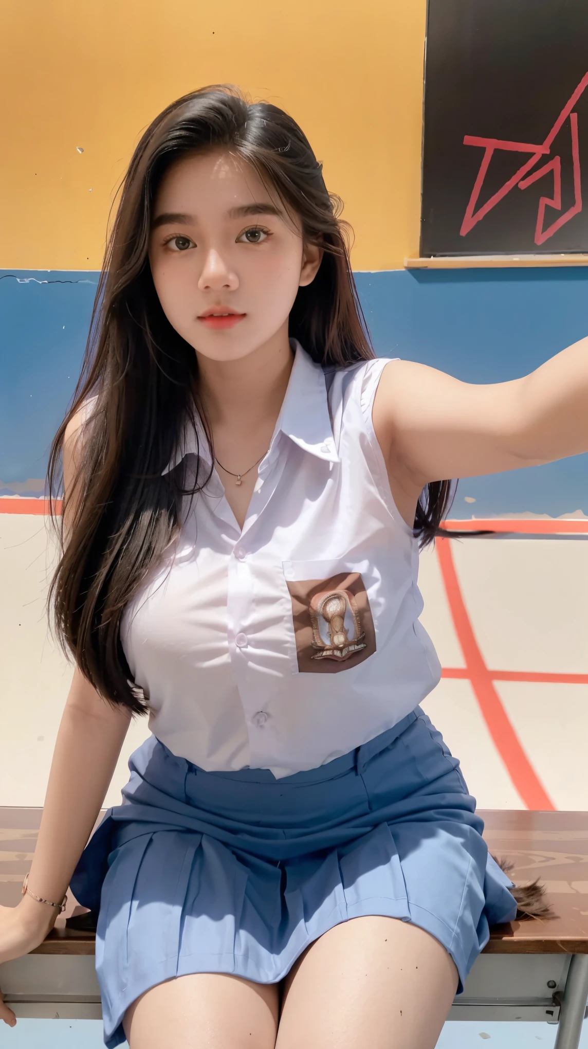 Masterpiece , Beautiful 18 Years Old , Gigantic Large Breast , Cleavage , Sleeveless , ((Wearing High School Uniform)) , High School Skirt , White Sneakers , In Classroom , Take Selfie , ((Centre:1.1)), ((Symetric Picture:1.1)) , ((Blonde Hair:1.1)) , Extremely Detailed , Messy Hair, NSFW, hot, pink pussy