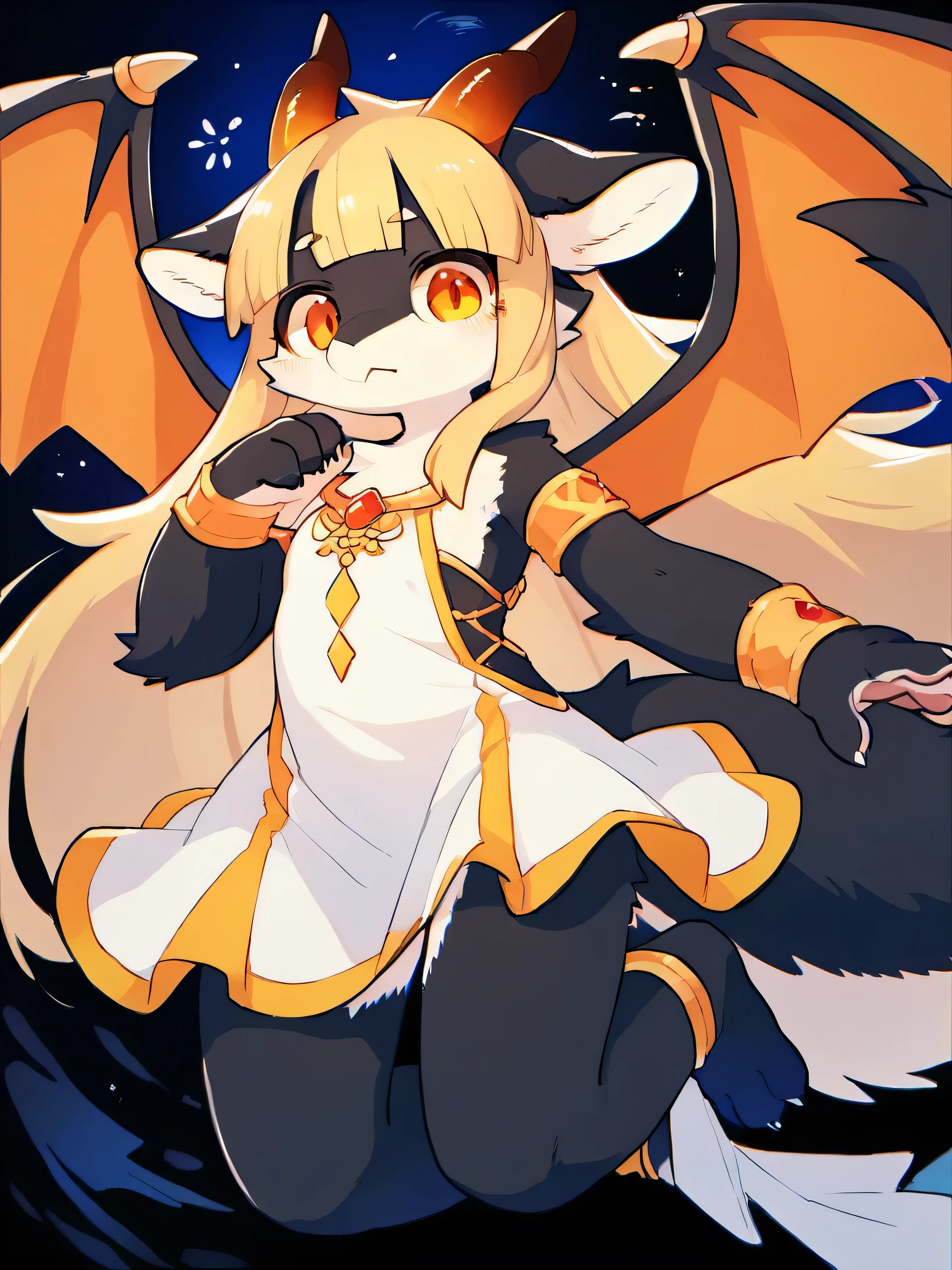 score_8_up, score_7_up, score_6, source_furry, source_anime, ((furry, kemono, anthro)), solo, solo focus, furred_dragon, long fur, fluffy fur, wings, membranous wings, fluffy tail, horn, black body, light orange eyes, gold hair, very long hair, blunt bangs, revealing clothes, dress, cosplay, colorful, abstract background, jumping, sleepy