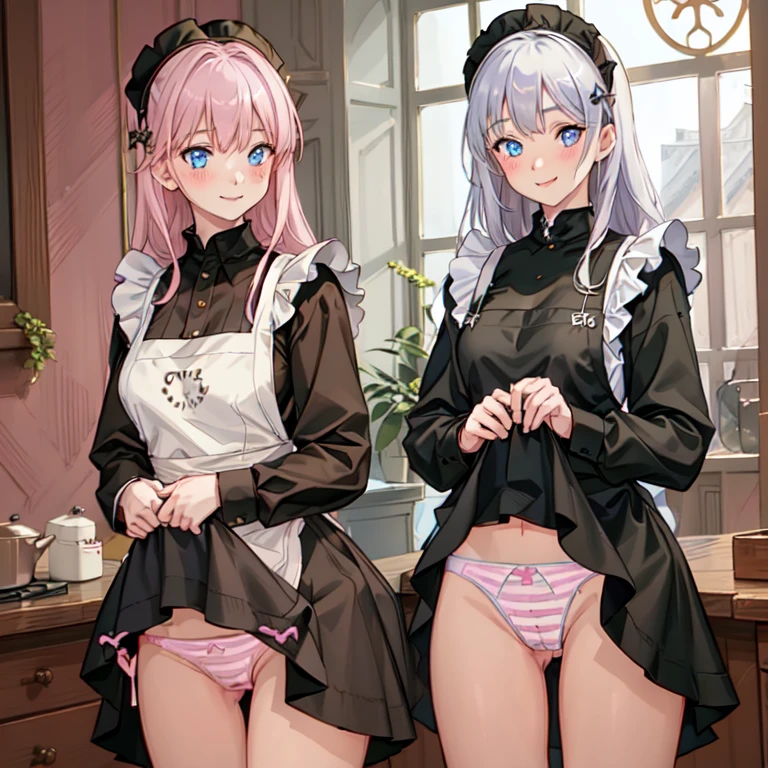 highest quality, masterpiece, ((2 girls:1.5)), ((smile:1.3)), (blush:1.3), Black Shirt, blouse, ((fun!!)), (Small breasts), Blonde, (Long sleeve), ((White apron:1.5)), ((Maid)), ((hair ornaments)), Kamimei, look at me, ((in house:1.5)), Taking a break from watching the audience, Cowboy Shot, (skirtlift:1.3), (Highly detailed pink striped panties:1.3), (Highly detailed panties:1.3), (skirt that rolls up:1.3), (Panties fully exposed:1.5), Light blue eyes, long hair, Glowing Eyes