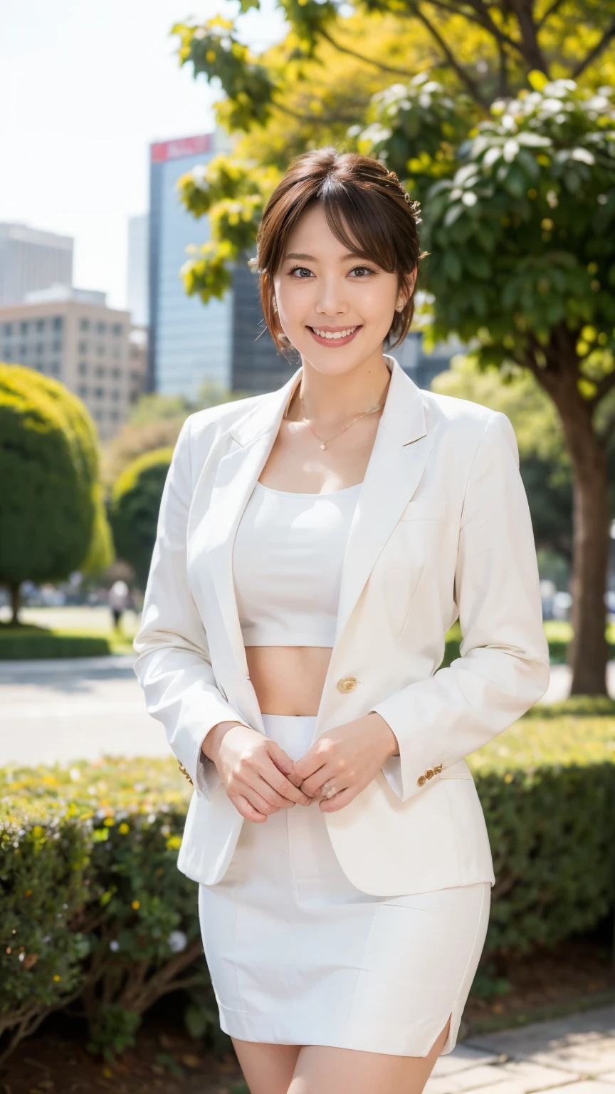 (RAW Photos:1.2), (Realistic:1.4),Beautiful detailed woman,非常にFine Eyesと顔, Fine Eyes, Very detailed,High resolution, Very detailed,highest quality,Awareness-raising,Unified,8k wallpaper,masterpiece,highest quality,1 female,alone,rich,Esbian all over,(A little chubby:0.85),Thick legs,alone,(White business suit,White long tight skirt,High heels),jewelry, necklace ,short hair,A kind smile,A dignified atmosphere,black eye,Realistic,Hibiya Park , (Morning Park:1.1),(Stand upright:1.4)