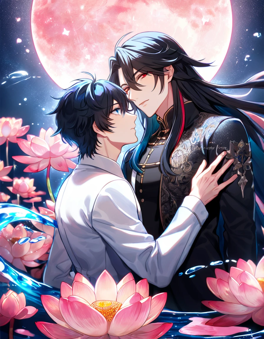 (absurdres, highres, ultra detailed, HDR) master piece, best quality, Ren, black long hair, expressive red eyes, honkai star rail, Dan Heng, black long hair, expressive blue eyes, two sexy men together, gay couple, yaoi, handsome, black clothes, white clothes, patterns, magical fantasy, pink butterflies, glittering, sparkling, pink lotus, water, pink moon, blossoms, radiant