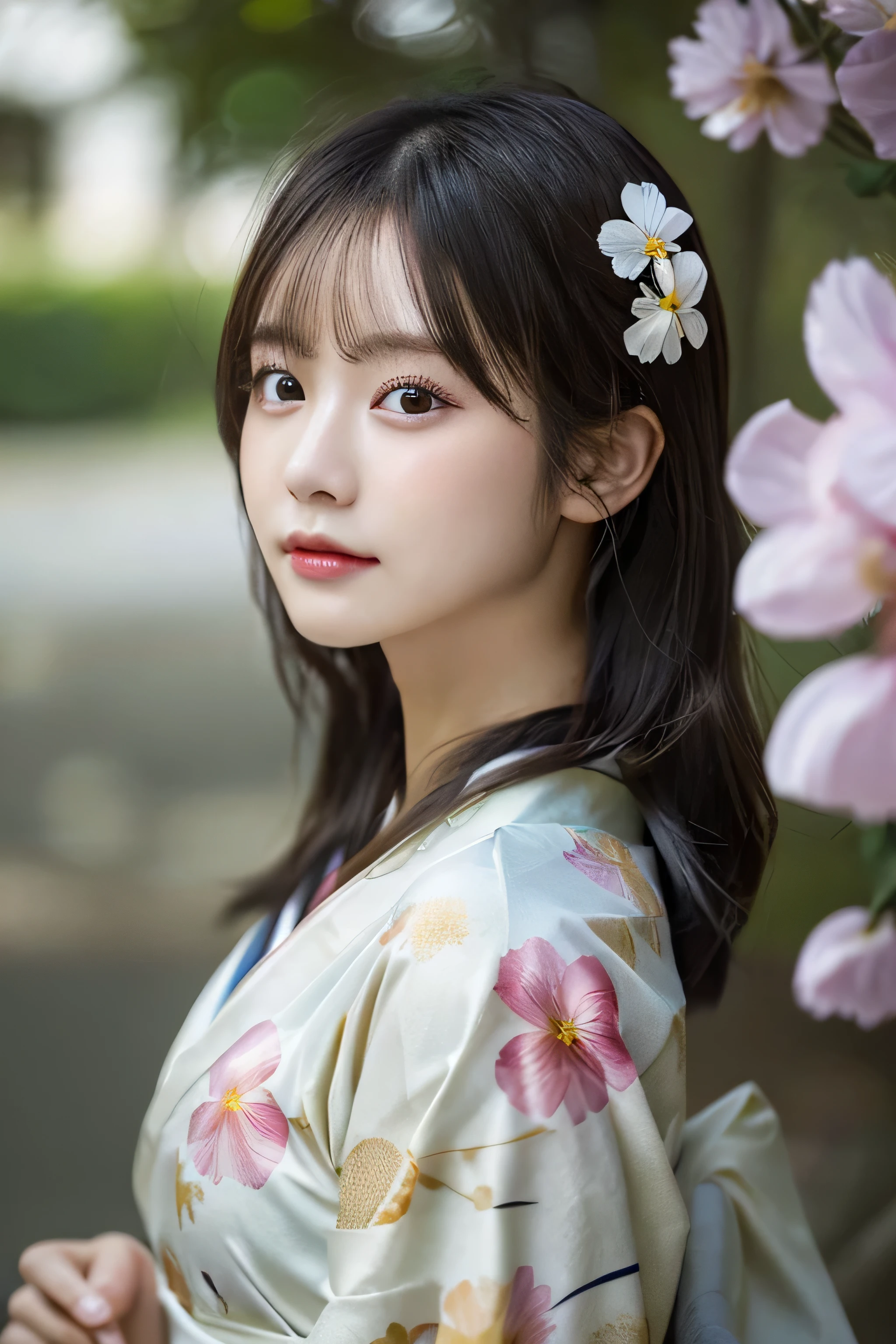 (Kimono)、Random Shots、、、randome pose、(Petals flutter:1.3)、(Wind:1.3)、(top-quality,​masterpiece:1.3,超A high resolution,),(ultra-detailliert,Caustics),(Photorealsitic:1.4,RAW shooting,)Ultra-realistic capture,A highly detailed,high-definition16Kfor human skin、 Skin texture is natural、、The skin looks healthy with an even tone、 Use natural light and color,One Woman,japanes,,kawaii,A dark-haired,Middle hair,(depth of fields、chromatic abberation、、Wide range of lighting、Natural Shading、)、