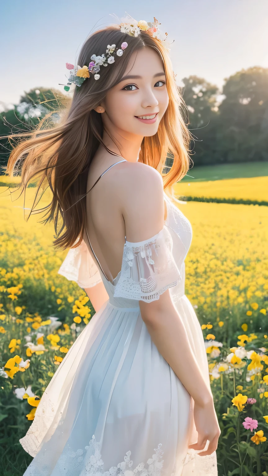 “A charming woman with a sweet smile standing in a vibrant flower field. She wears a delicate white dress that flutters in the gentle breeze, and her hair flows gracefully. The scene is bathed in soft, pastel colors, creating a warm, dreamy, and enchanting atmosphere. The composition centers the woman, surrounded by a vast expanse of colorful flowers and a clear, bright sky.