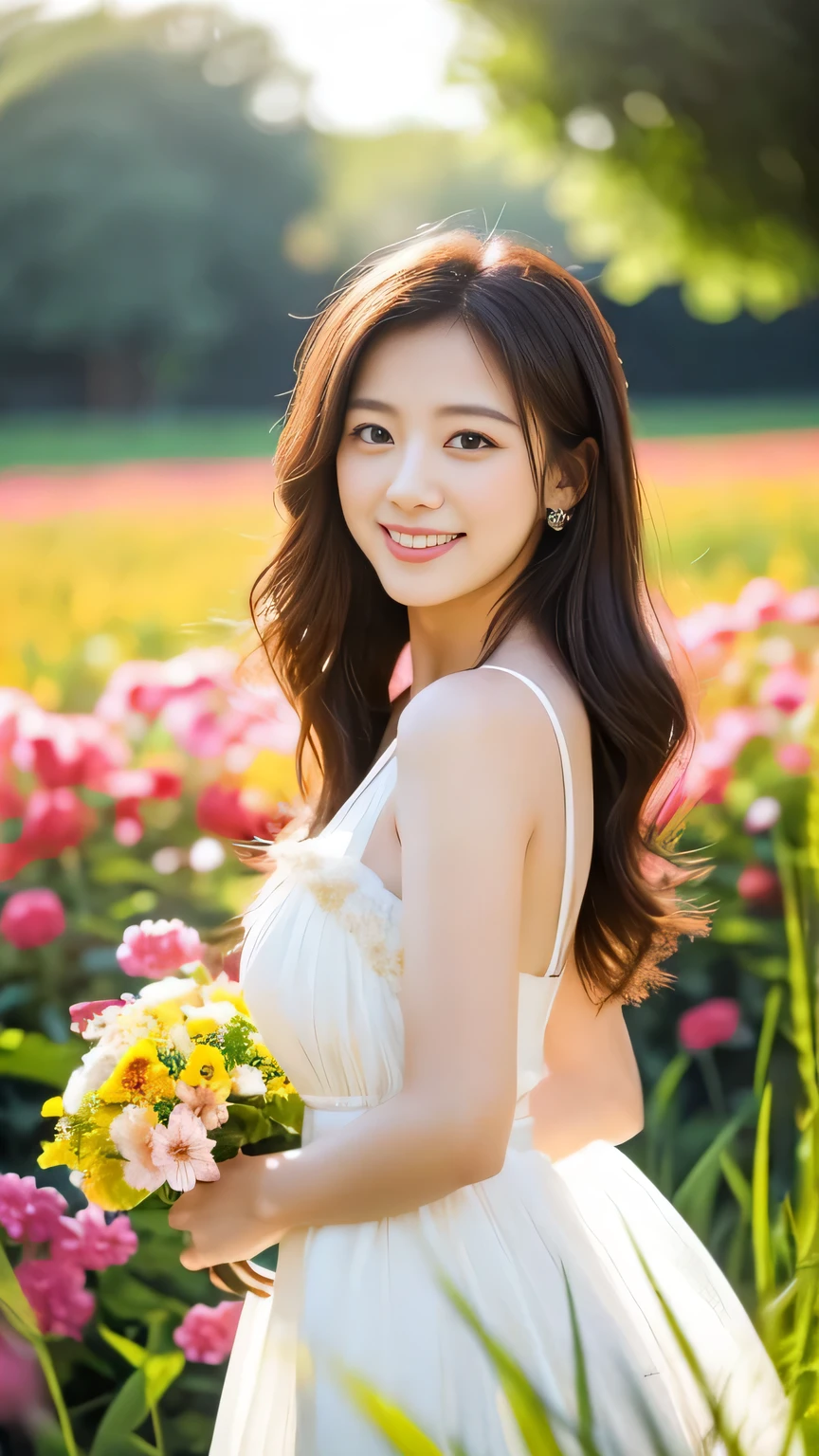 “A charming woman with a sweet smile standing in a vibrant flower field. She wears a delicate white dress that flutters in the gentle breeze, and her hair flows gracefully. The scene is bathed in soft, pastel colors, creating a warm, dreamy, and enchanting atmosphere. The composition centers the woman, surrounded by a vast expanse of colorful flowers and a clear, bright sky.