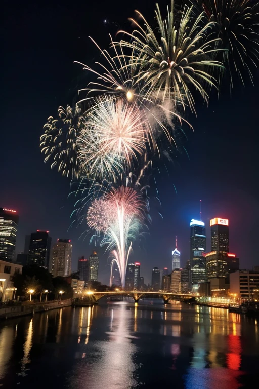 Bright lights at night，Colorful fireworks，纷纷Falling from the sky，Falling from the sky，Passersby stand by the Huangpu River and admire，The river is open，On the other side are tall buildings，Nikon Camera，8K，