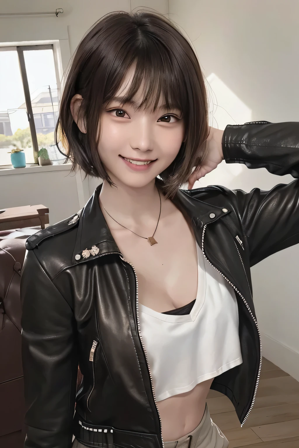 205  ((short hair)), 20-year-old female, Surrealism, Flower smile、Gums are visible、Beautiful teeth alignment、Brown Hair、Ear piercing、Necklace around the neck、leather jacket、shirt、shirt、Smiling with teeth showing、The background is in the room、