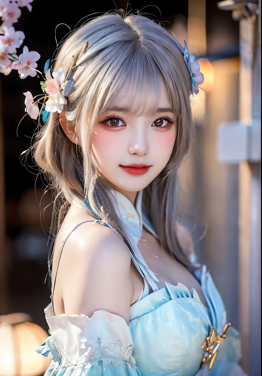 (ulzzang-6500-v1.1:0.8),(original photo:1.2),((lifelike:1.4)),(Upper Body),best quality ,masterpiece, extremely delicate and beautiful, Very detailed ,CG ,Unity ,8k wallpaper, amazing, fine details, masterpiece,best quality,Official Art,Very detailed CG Unity 8k wallpaper,ridiculous, incredibly ridiculous, Large file size, Super detailed, high resolution, Very detailed,Beautiful and delicate girl, Very detailed eyes and face, Beautiful and delicate eyes,There is light on the face,light,1 girl,looking at the audience,East Asian Architecture,(Blurred background:1.2),Cherry blossoms, lantern, Depth of Field,