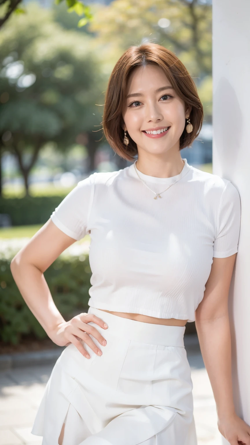 (RAW Photos:1.2), (Realistic:1.4),Beautiful detailed woman,非常にFine Eyesと顔, Fine Eyes, Very detailed,High resolution, Very detailed,highest quality,Awareness-raising,Unified,8k wallpaper,masterpiece,highest quality,1 female,alone,rich,Esbian all over,(A little chubby:0.85),Thick legs,alone,（White business suit),(White long tight skirt:1.6),(High heels）,jewelry, necklace ,short hair,A kind smile,A dignified atmosphere,black eye,Realistic,Hibiya Park , (Morning Park:1.1),(Stand upright：1.4）