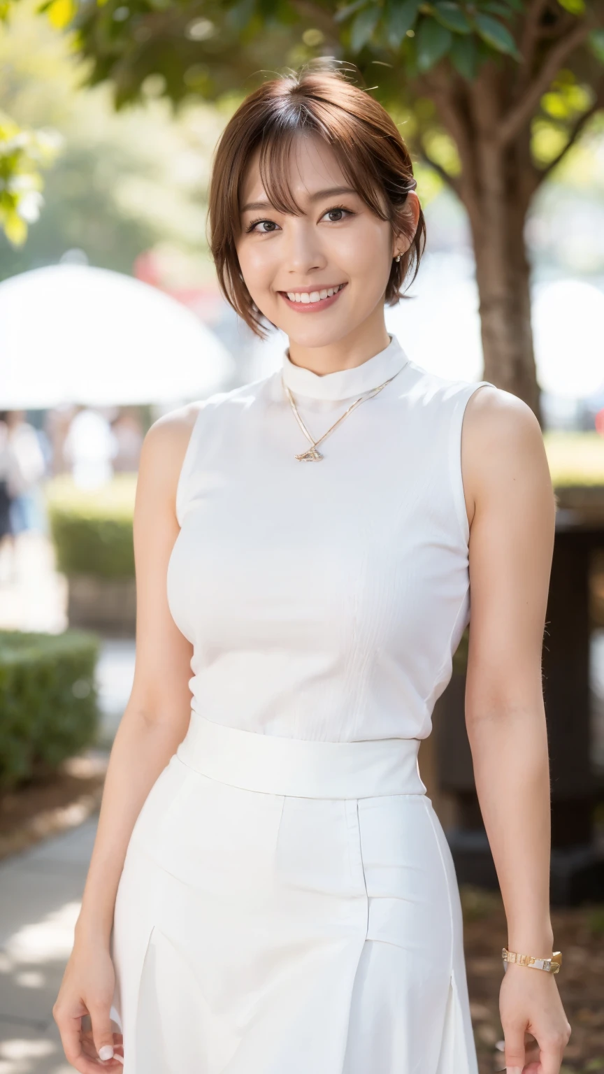 she is a male model, She smiles and plays for the camera, (She is wearing a casual shirt、Wearing leggings), 美しい背景landscape, (Long corridor), , Perfect Eyes, Perfect hands, Perfect body, Perfect Hair, Perfect breasts, Hair behind the ear, masterpiece, Accurate, Anatomically correct, Rough skin, Very detailed, Advanced Details, high quality, Awards, 最high quality, High resolution, 16k, 8k, Back view of the camera,landscape、Kimura 、Cleavage、Very short hair