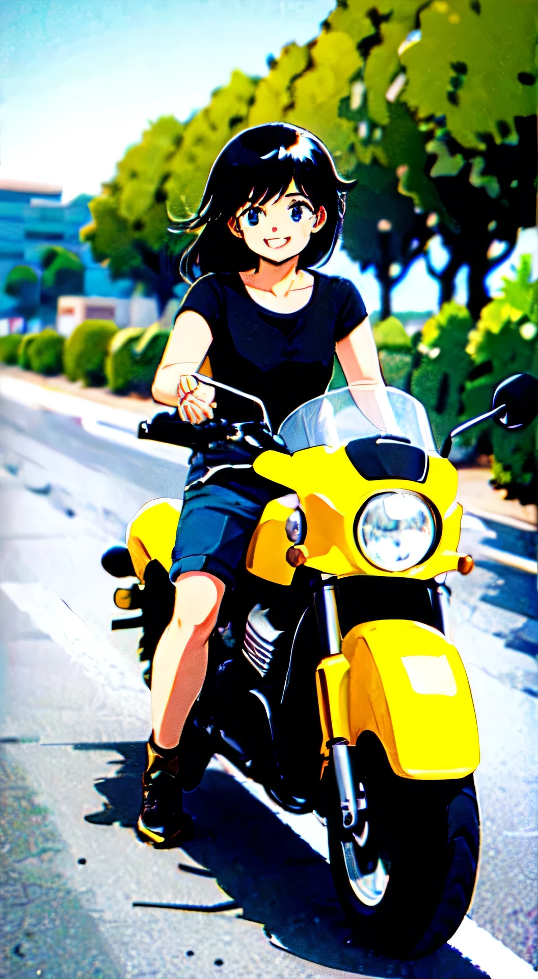 motorcycle、girl in shorts、Retro、smile