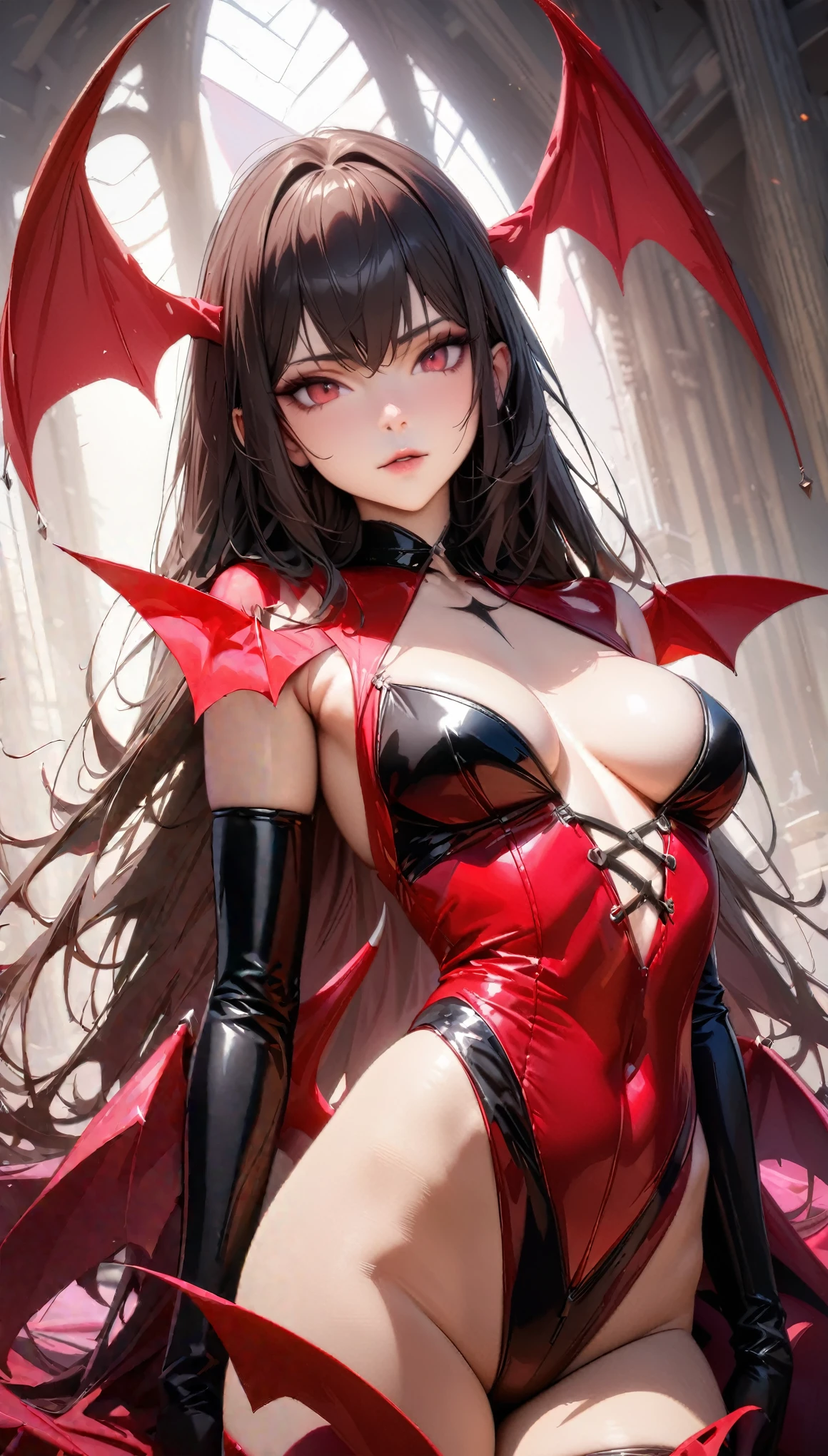 (highest quality:1.2, Ultra-high resolution, High Detail, masterpiece:1.3, highest quality, Best aesthetics), ((one person, woman)), (Succubus, Succubus, Succubus, Sexy Suit, Devil&#39;s Wings, Body Paint), Emphasis on individuality and uniqueness, Beautiful and beautiful eyes, Beautiful Lips, Long eyelashes, Bright colors, Sexy vibe, Big Breasts:1.4, A beautiful and firm bust line, A uniform with a blood red and darkness black motif, night, Neon Light, Dutch Angle, Face Up Shot, Soft and warm color palette.