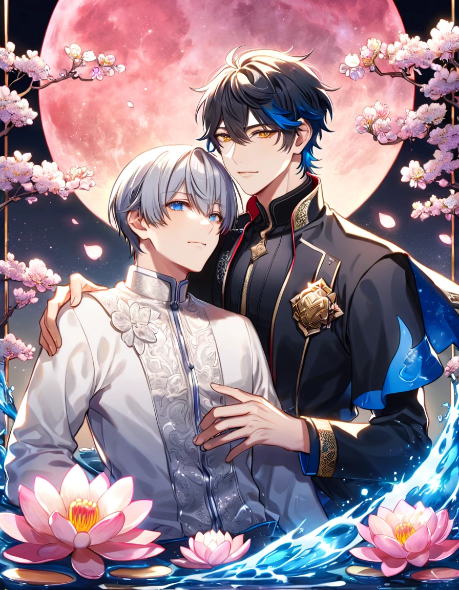 (absurdres, highres, ultra detailed, HDR) master piece, best quality, Caelus, gray hair, expressive yellow eyes, honkai star rail, Dan Heng, black hair, expressive blue eyes, two sexy men together, gay couple, yaoi, handsome, black clothes, white clothes, patterns, magical fantasy, pink butterflies, glittering, sparkling, pink lotus, water, pink moon, blossoms, radiant