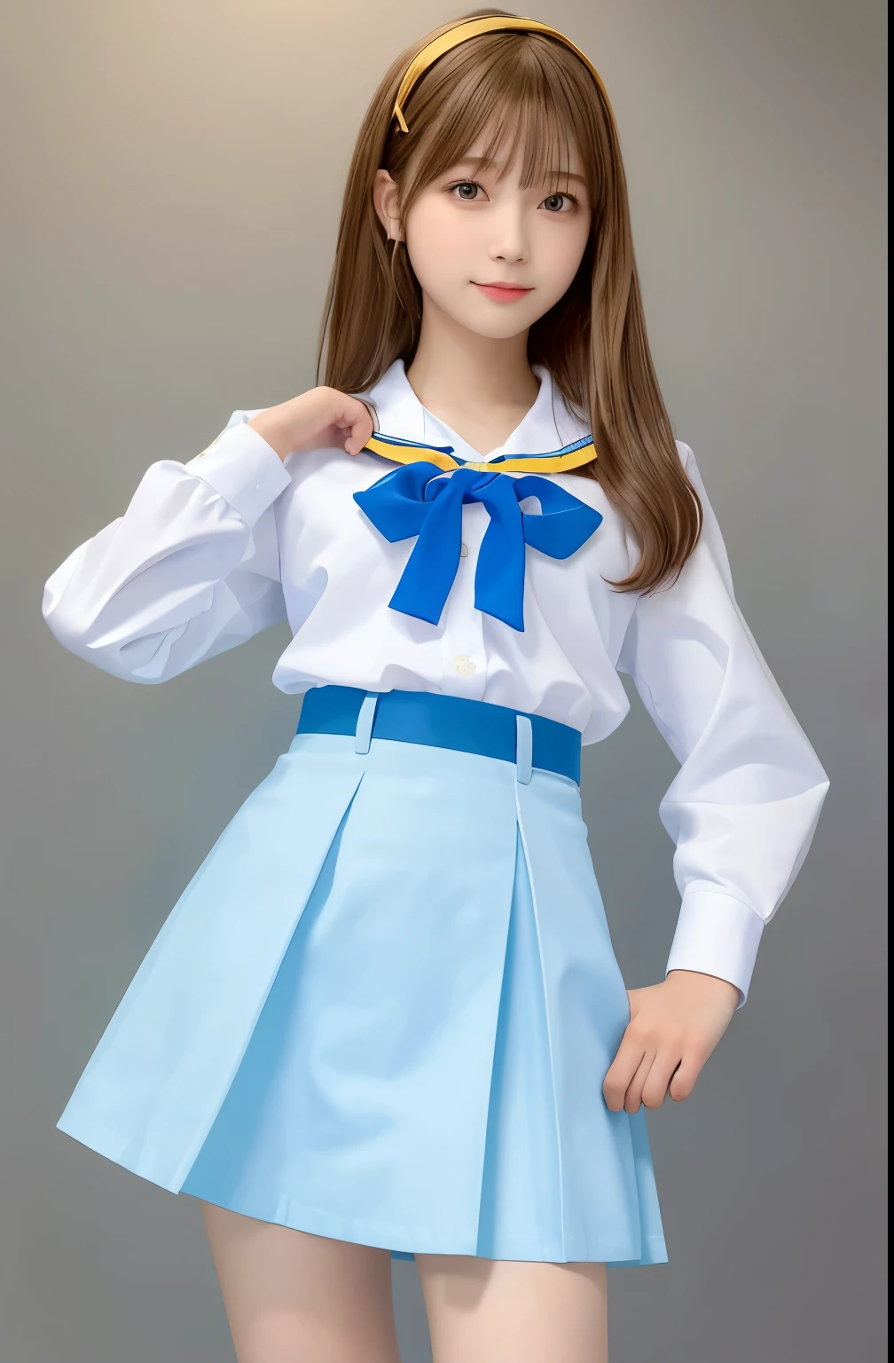 (masterpiece, highest quality, highest quality, Beautiful and beautiful), One girl, , alone, Very detailed, Supreme detail, 8k photos, Realistic, Haruhi_srf, White long sleeve shirt with blue collar, Blue Skirt, Red tie, Yellow ribbon, pretty girl,
Looking at the audience, Miniature , Are standing, bathroom, A small smile, room, panties, From below,