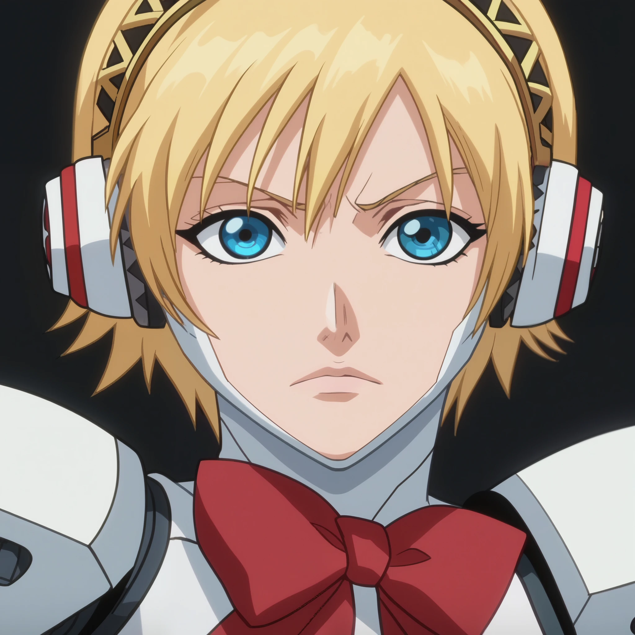 bleach_style, anime screencap, score_9, score_8_up, score_7_up, source_anime, 1girl, looking at you, p3aegis, android, robot joints, hairband, headphones, red bow, jumping, white background, close-up of face, upper body, 