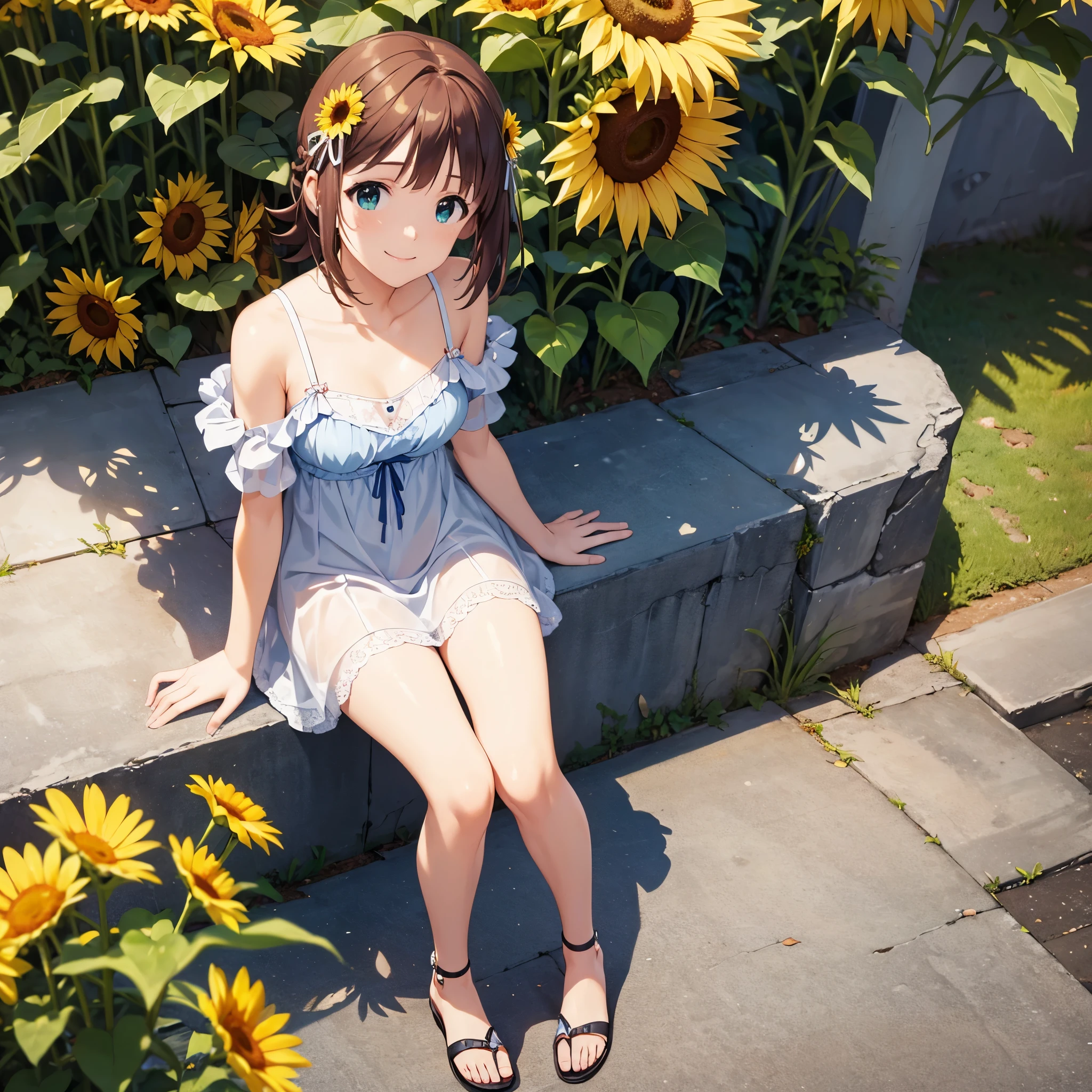 (masterpiece, best quality:1.2), 1girl,alone, solo,feet in sandals,legs,dress,pretty,masterspiece,Cute and beautiful girl,haruka amami,(smile:1.2),avant-garde string camisole dress,braided sandals,The background is a colony of sunflowers,Sunlight sparkling,realistic skin texture