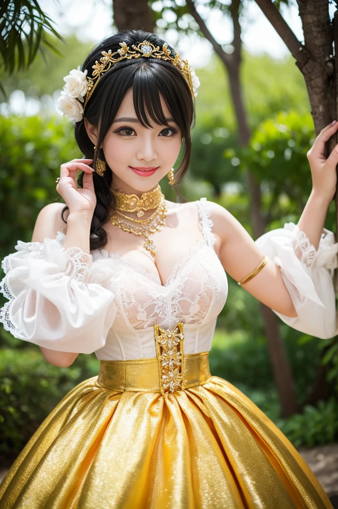 (nsfw), sexy golden Thai princess, only 1 female, ((doll-like appearance)), short Teal stylish hair, ((shiny Victorian-Style boots)), (big smile), ultra detailed eyes, vivid eye makeup, lipgloss, long lashes, defined eyebrows, ((sexy Paradise Kiss cosplay)), bell-shaped skirt, petticoats, high neckline, puffed sleeves, ((ultra detailed lace)), ((ultra detailed embroidery)), intricate details, Paradise Kiss golden accessoires and matching headpiece, golden choker, ((large sparkling Paradise Kiss golden jewelry)), cinematic light, detailed large park background with trees