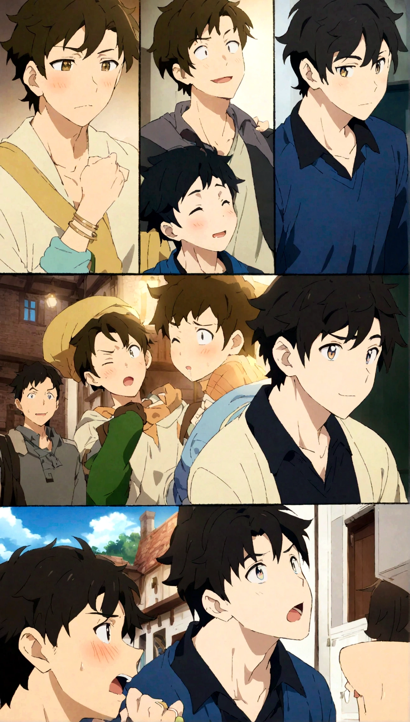 boys,,,,,,boys,,,,,,male protagonist,,Bright Eyes,blush,,Black Hair,Refreshing guy,,bright personality,Men's Focus,A rich expression,bracelet,Casual clothes,,Athletic Department Boys' Dormitory,Brainwashing infection in the dormitory causes homosexuality,,Brainwashed into falling in love with a boy,,,Saliva,Anime character lookalike,creation,high resolution,4k,8k,quasi-masterpiece,highest quality,Anime Style,,Makoto Shinkai Style,,Cel animation art,,,,,