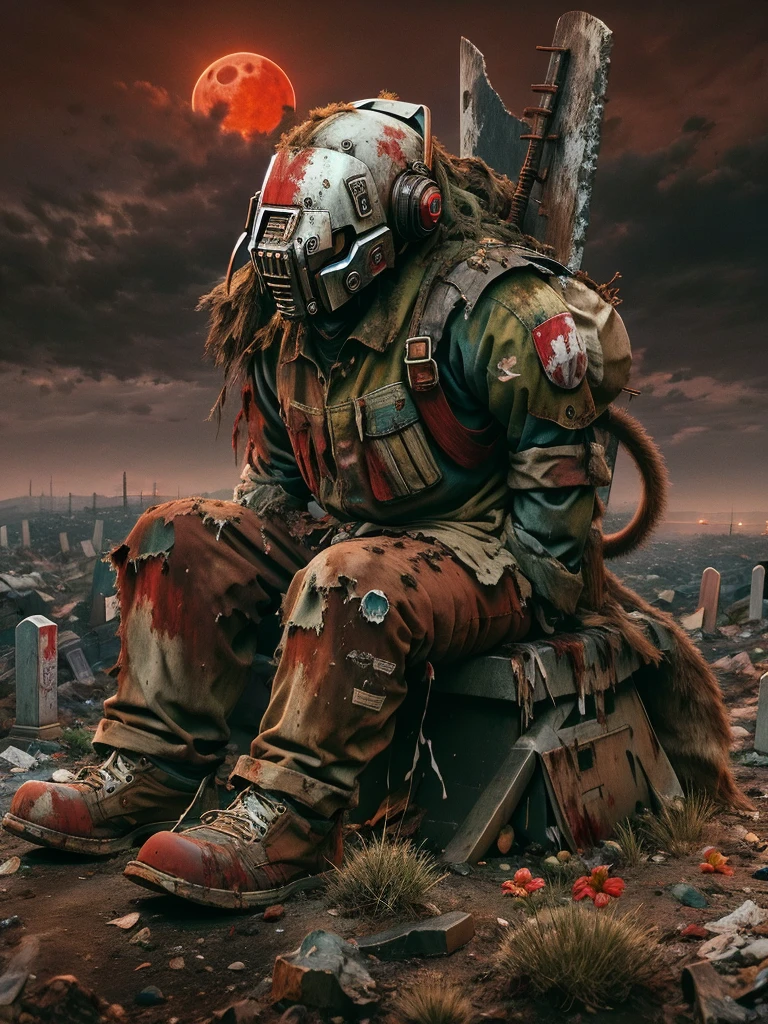 wasteland，A very poor old mech sitting on a rock thinking，Thinker，Hand on cheek，(Sitting:1.2)，rust，Wearing tattered armor，The skyline in the distance，Gothic，moss，(A small white flower)，(Cemetery)，Gothic教堂，(Blood red moon)，Gothic元素，wildfires，cold，gloomy